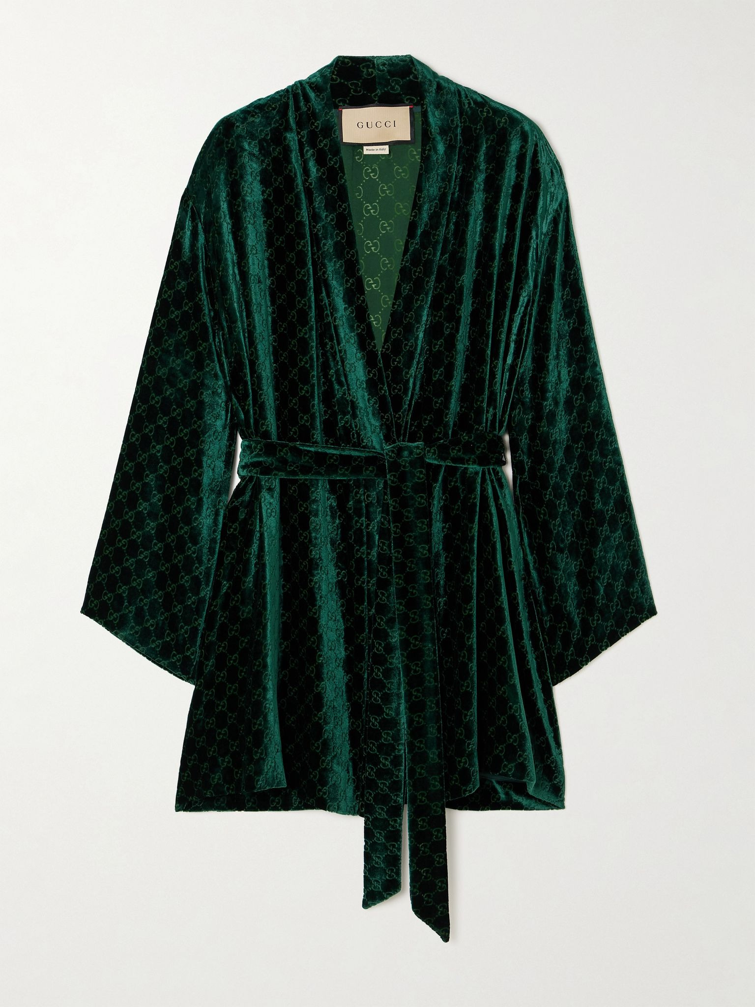 Belted devoré-velvet robe Dark green - 1