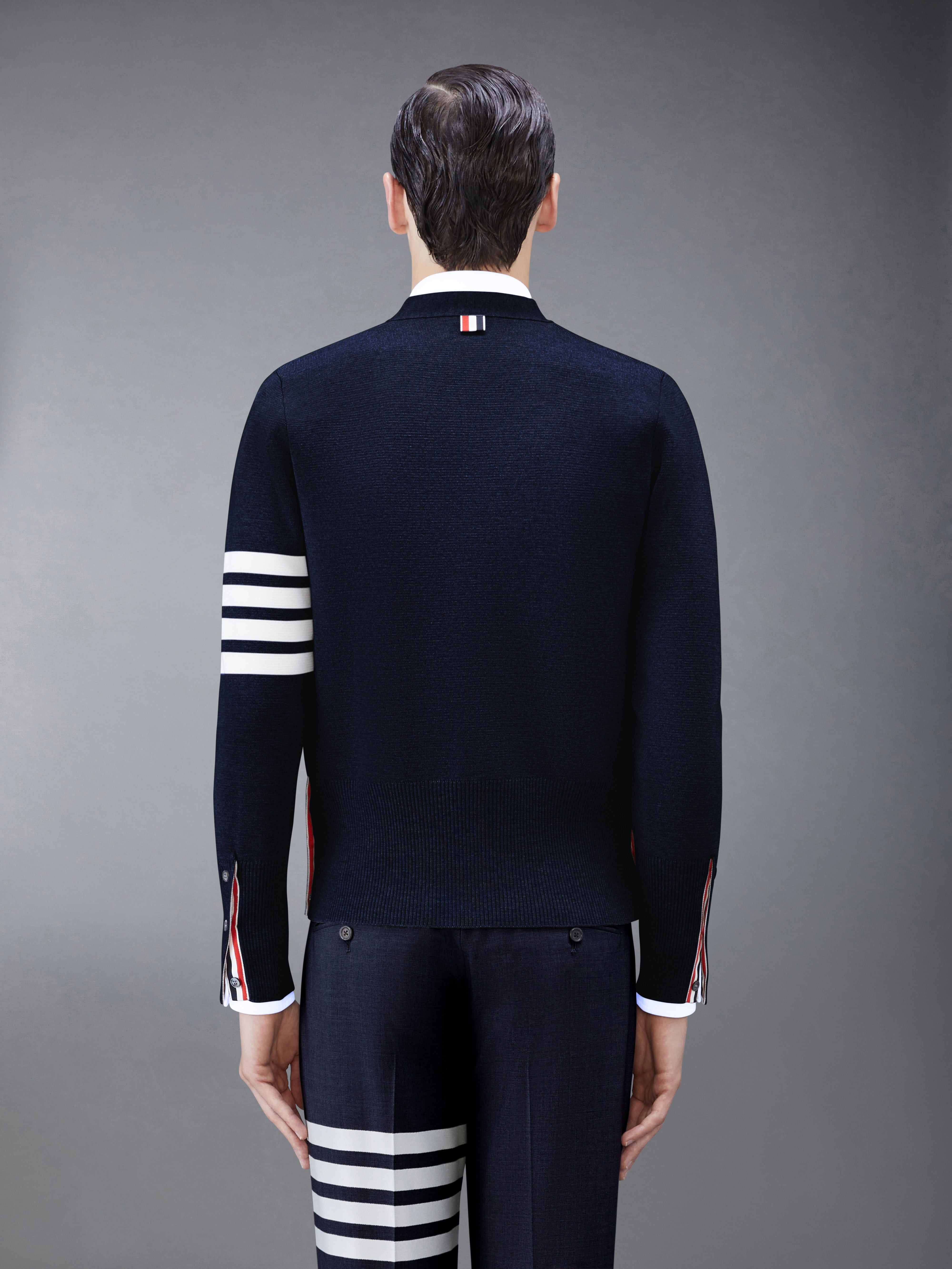 Navy Milano Stitch Fine Merino Wool 4-Bar V-Neck Cardigan - 2