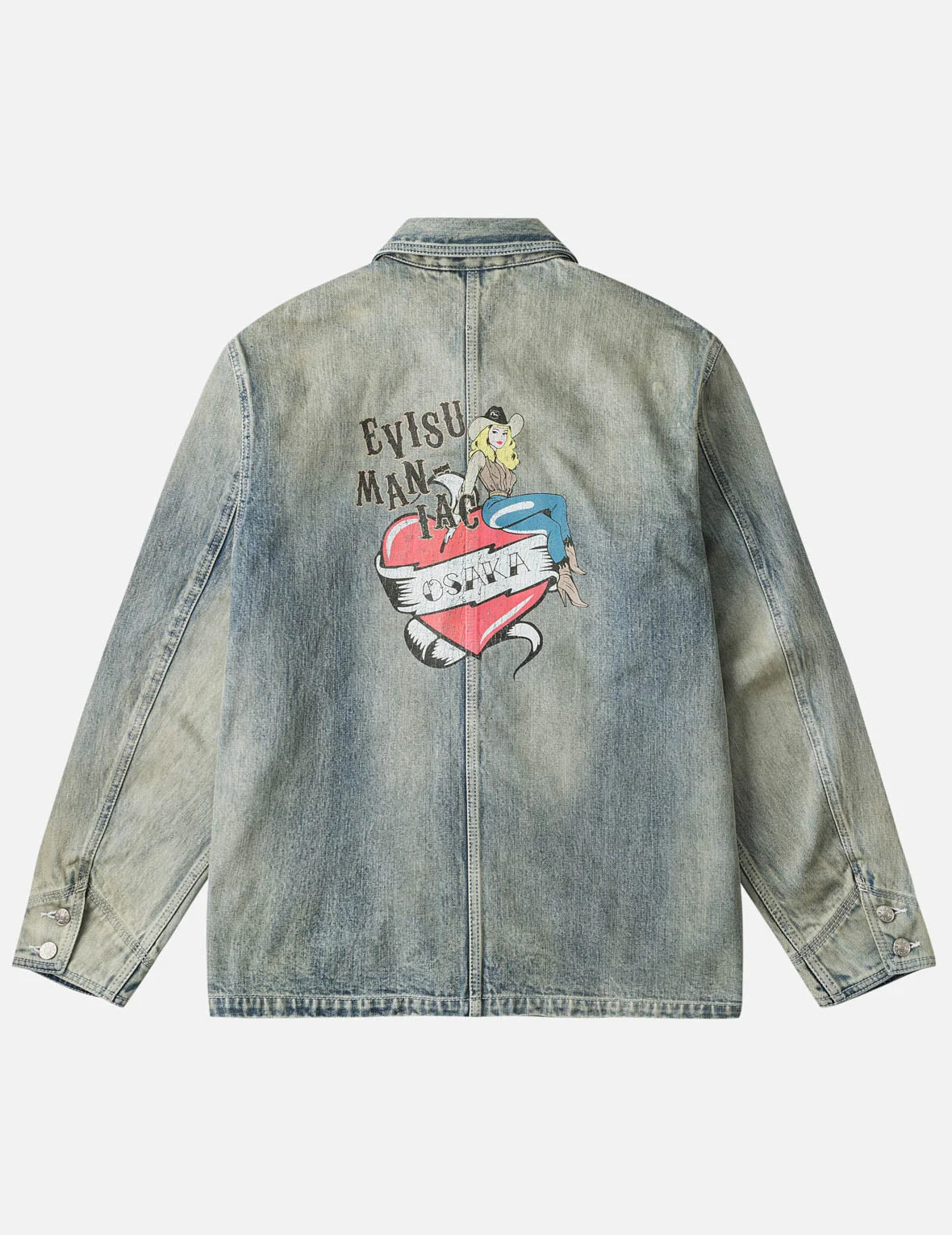 Heart Cowgirl Print Vintage Washed Denim Chore Jacket - 1