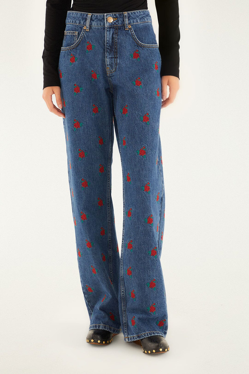 FARM RIO Denim Embroidered Flowers Pants outlook