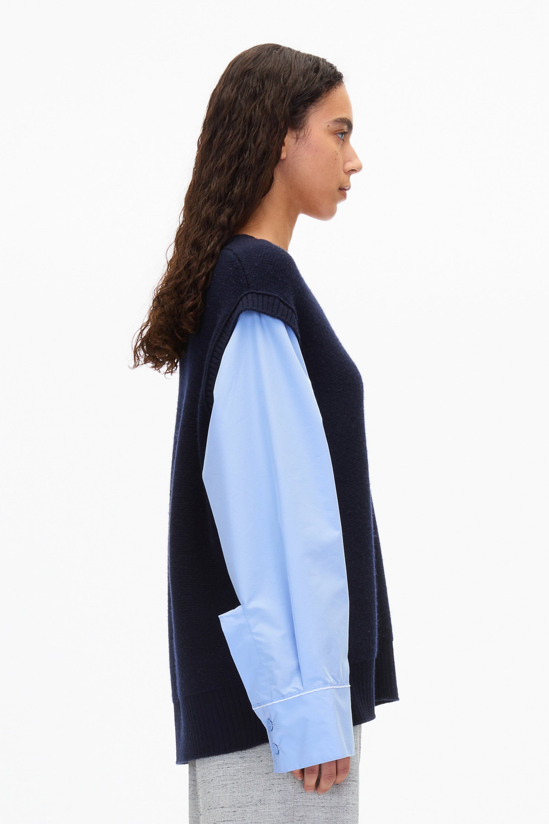 Oversized Knit Vest with Poplin Sleeves - 3