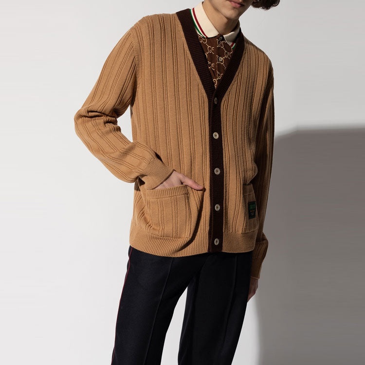 Gucci Rib Knit Wool Cardigan With Gucci Label 'Camel' 646809-XKBQT-2668 - 5