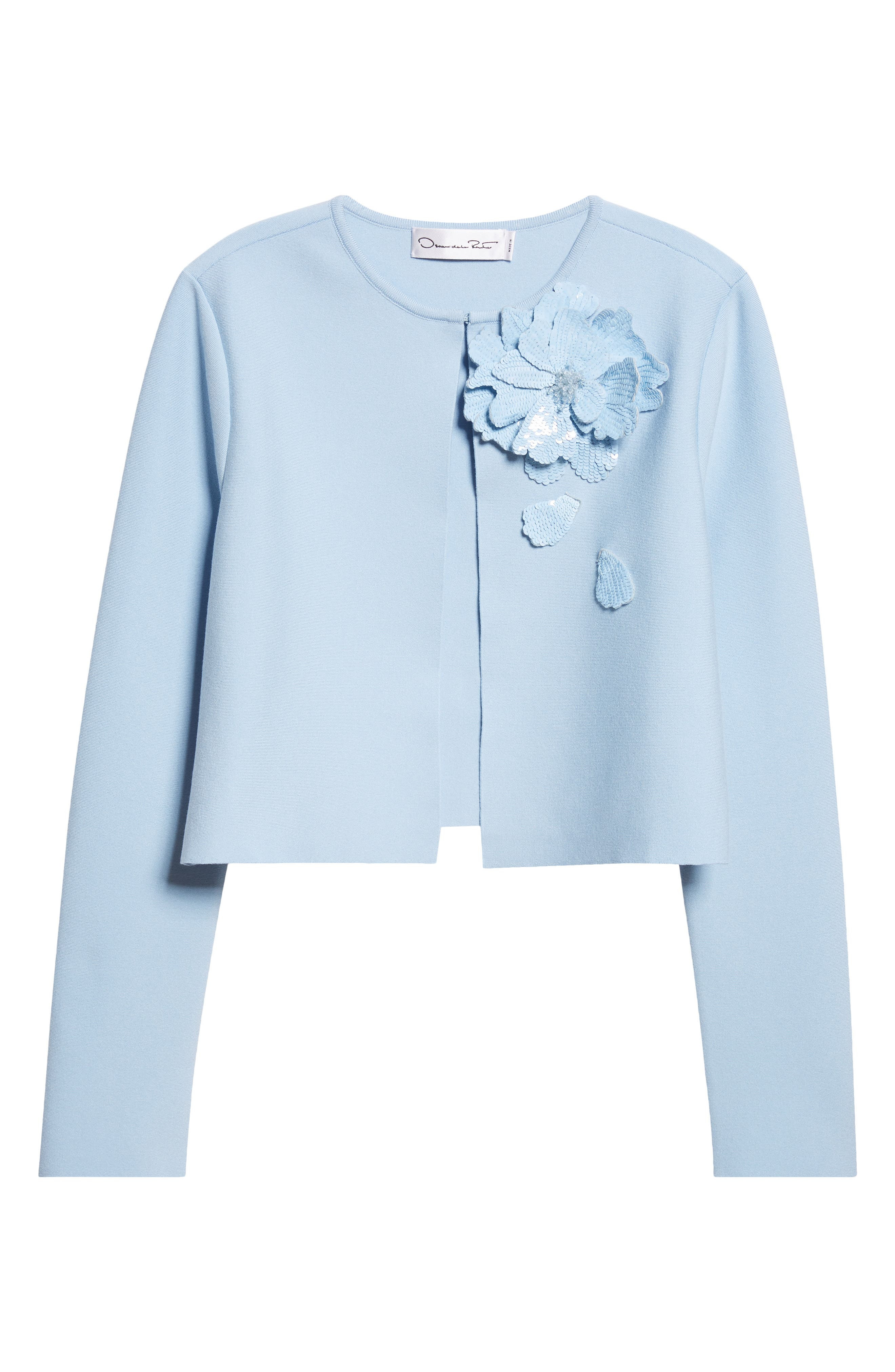 Oscar de la Renta Peony Appliqué Fitted Jacket in Light Blue at Nordstrom - 7