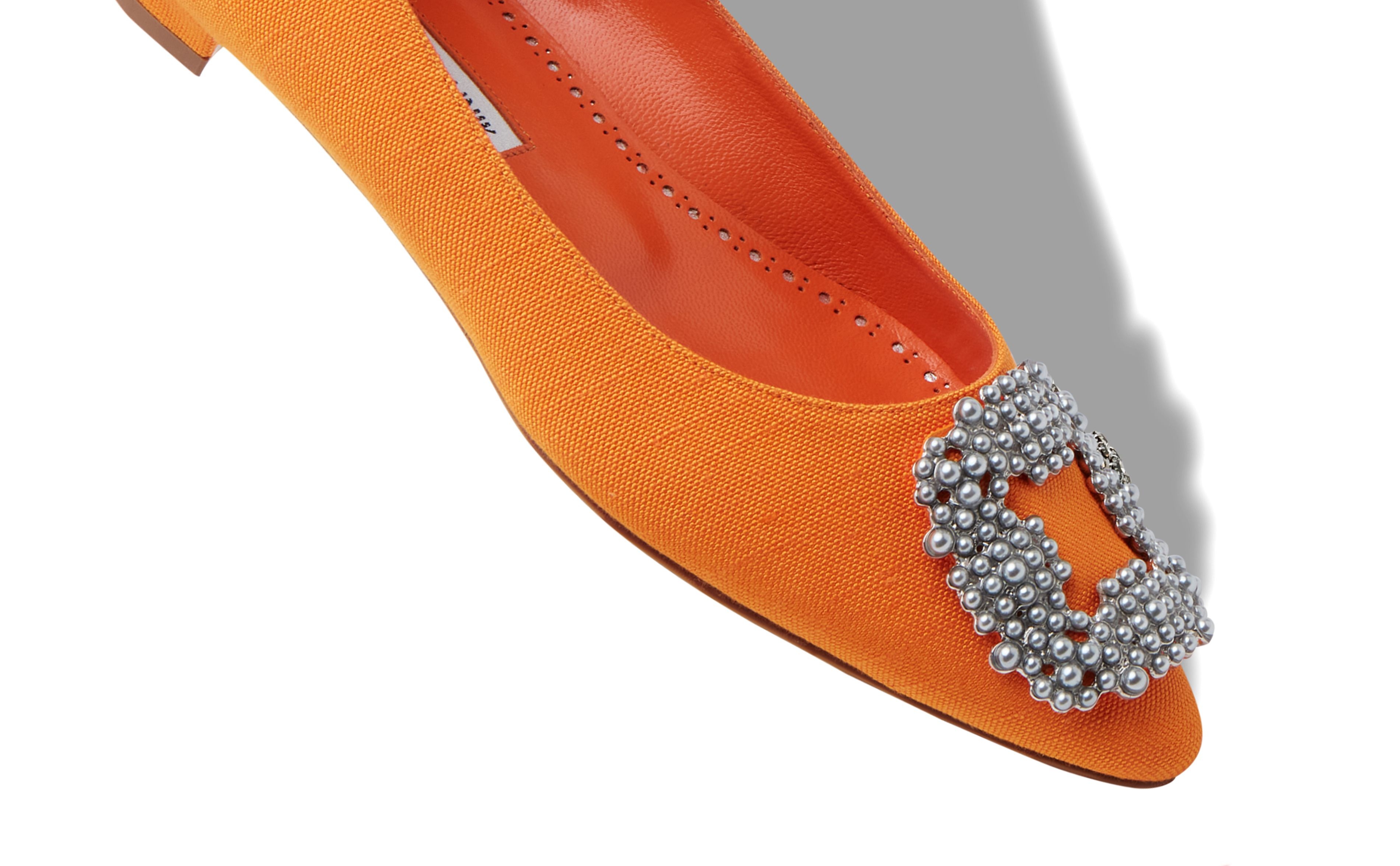 Orange Linen Pearl Buckle Flat Shoes - 4