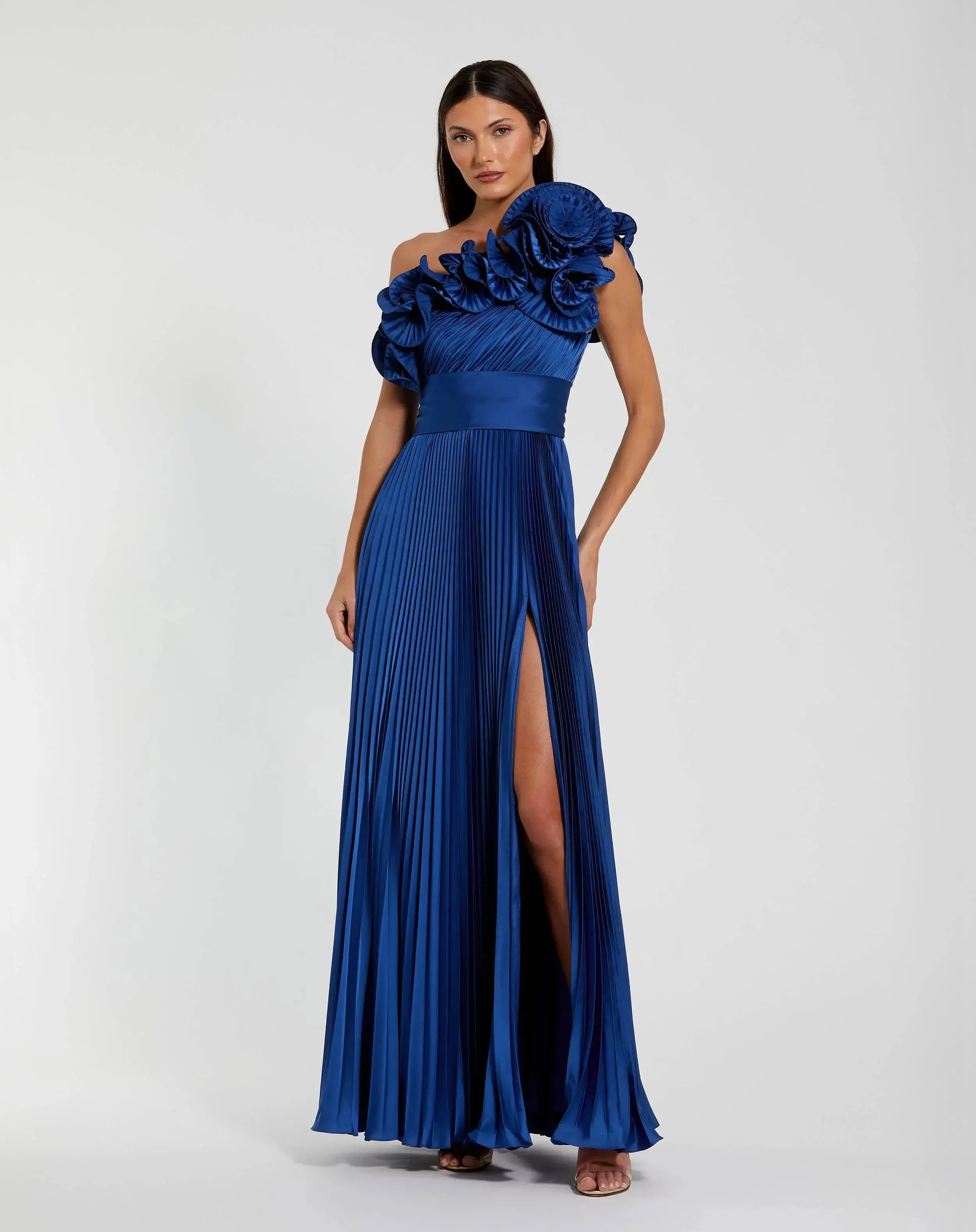 Blue Ruffled One Shoulder Charmeuse Evening Gown - 1