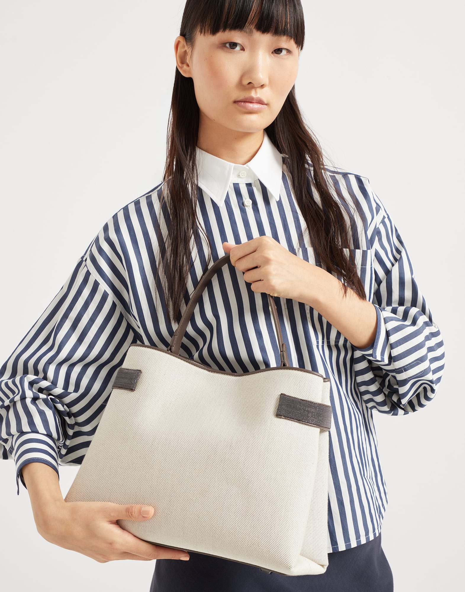 Essence top-handle bag in cotton and linen drill with precious bands - 4
