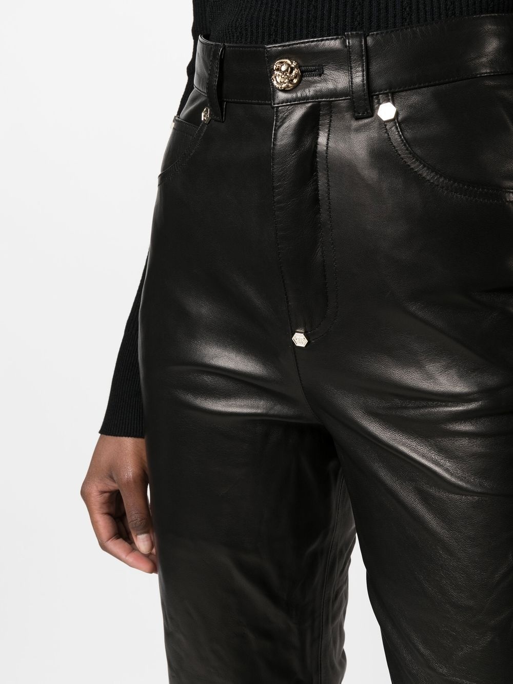 straight-leg lambskin trousers - 5