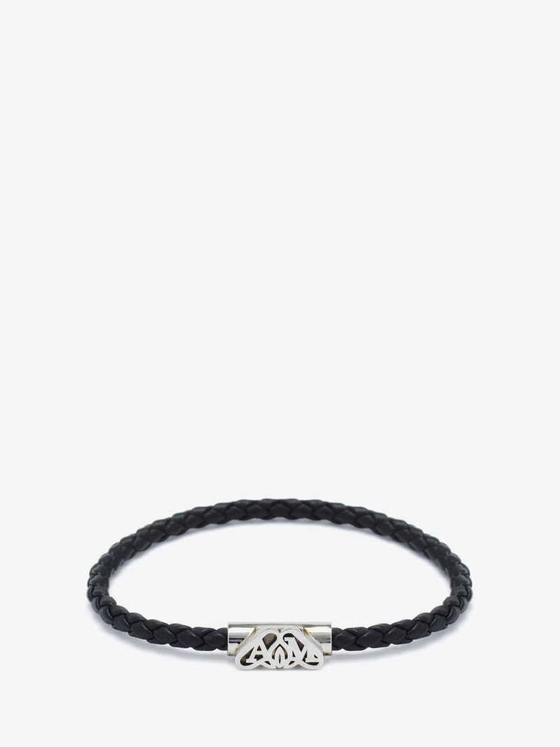 Men's Seal Logo Leather Bracelet in Black/antique Silver 1