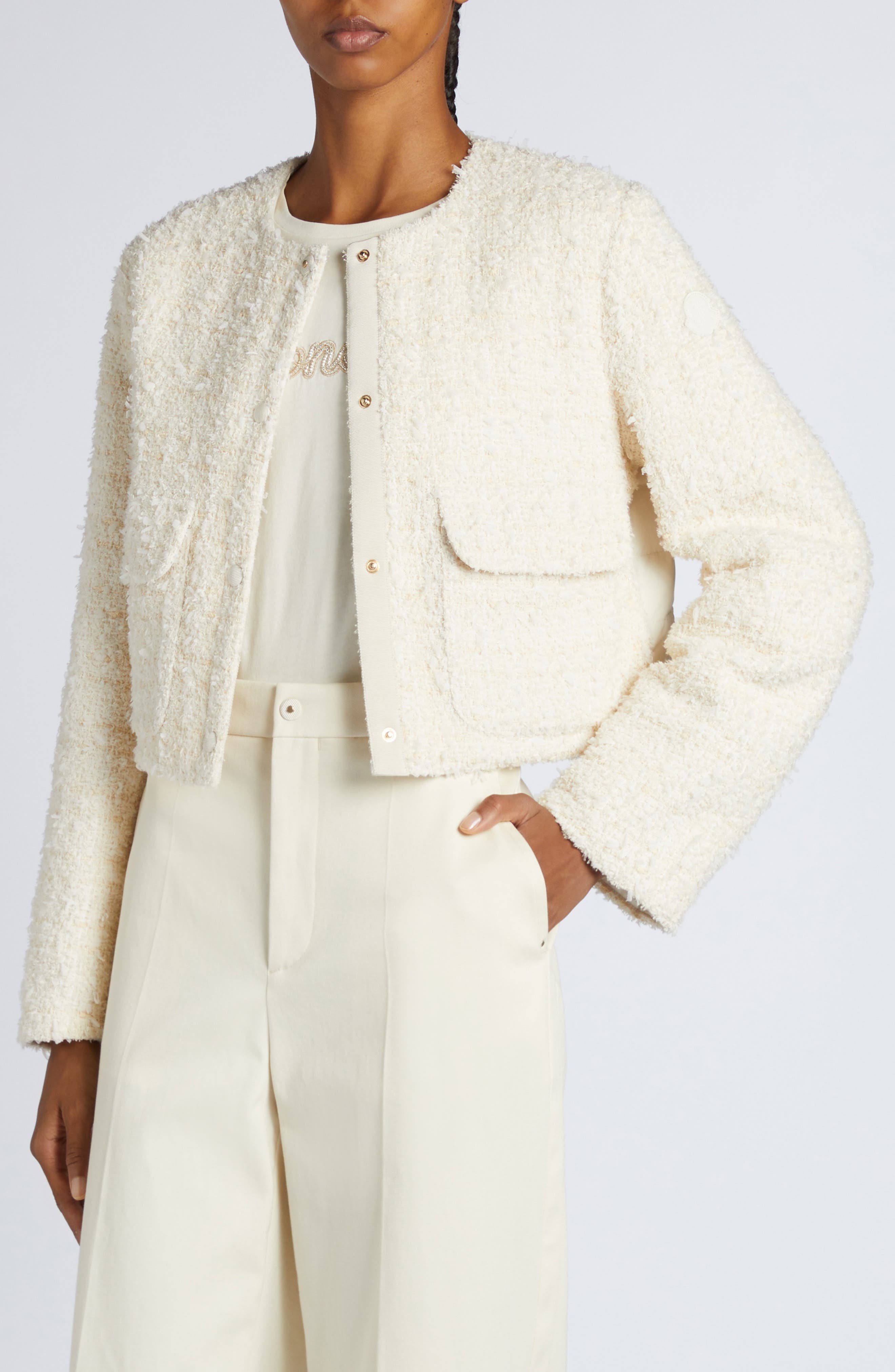 Moncler Dauphin Mixed Media Crop Jacket in Panna at Nordstrom - 5