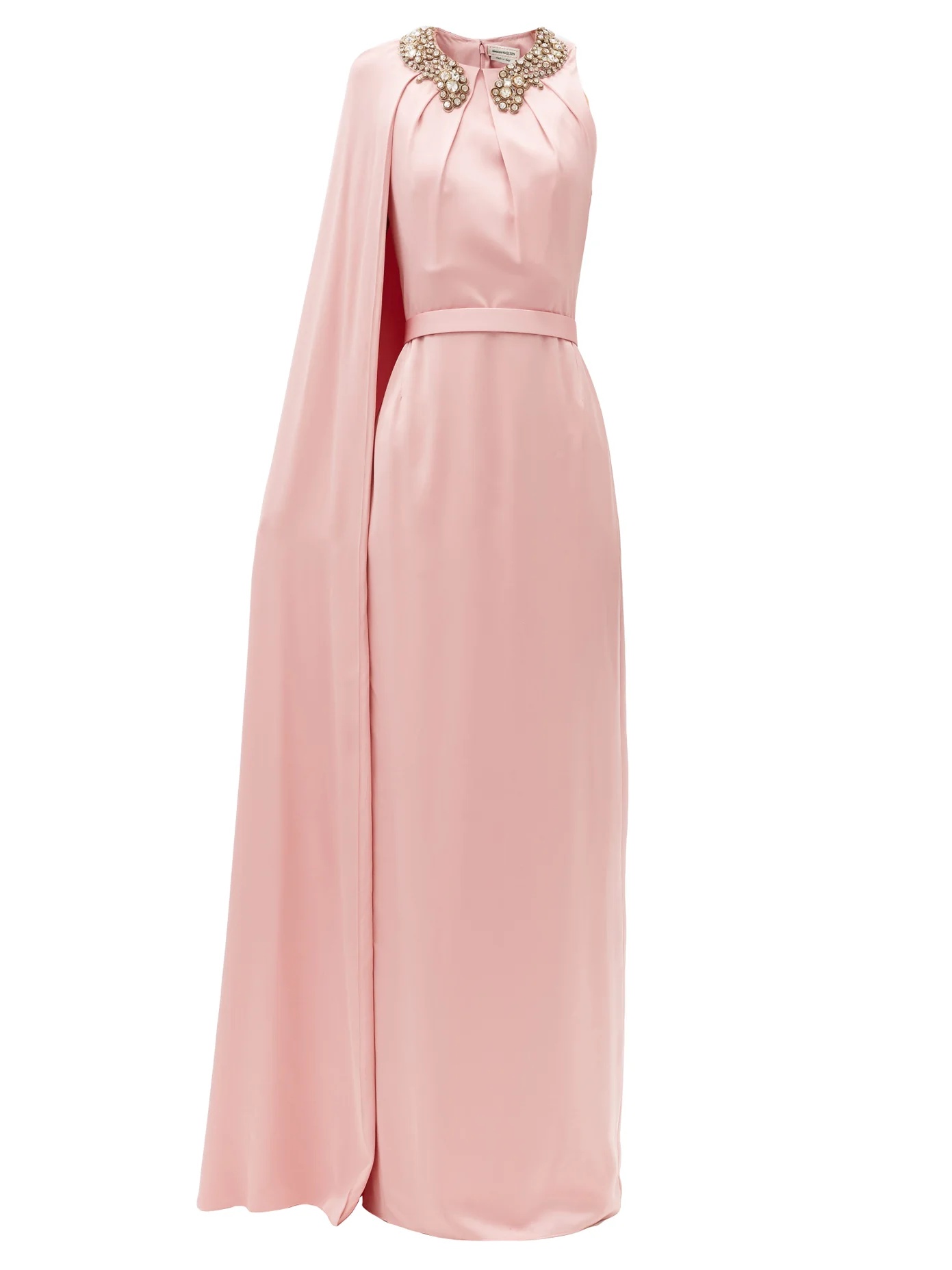 Crystal-neckline cape-shoulder silk-satin gown - 1