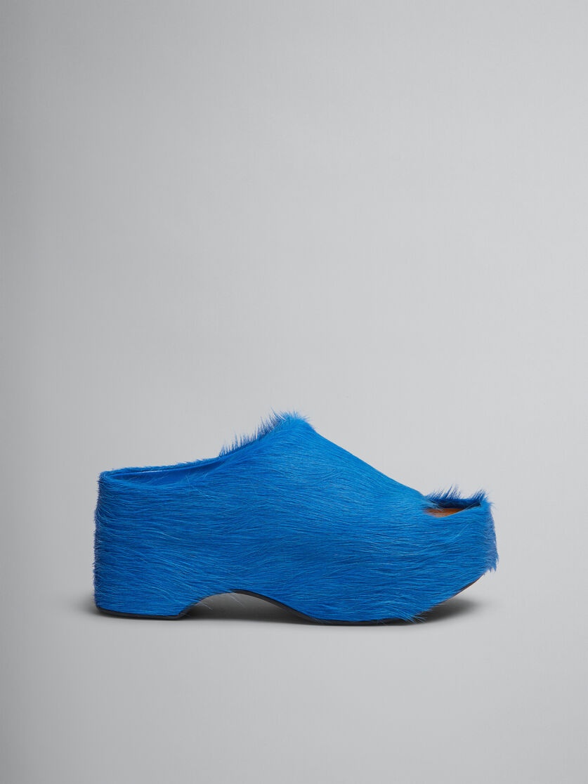 BLUE LONG-HAIR CALFSKIN CHUNKY CLOG SLIDE - 1
