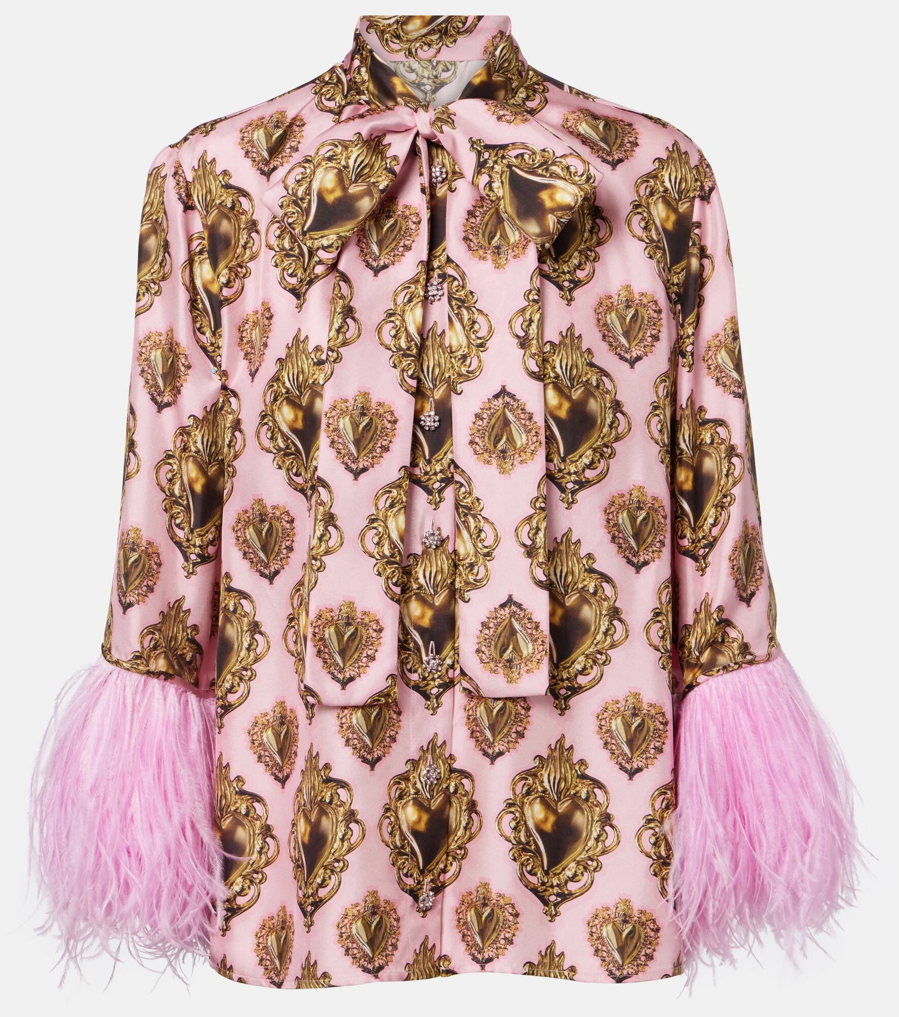 Feather-trimmed printed silk blouse - 1