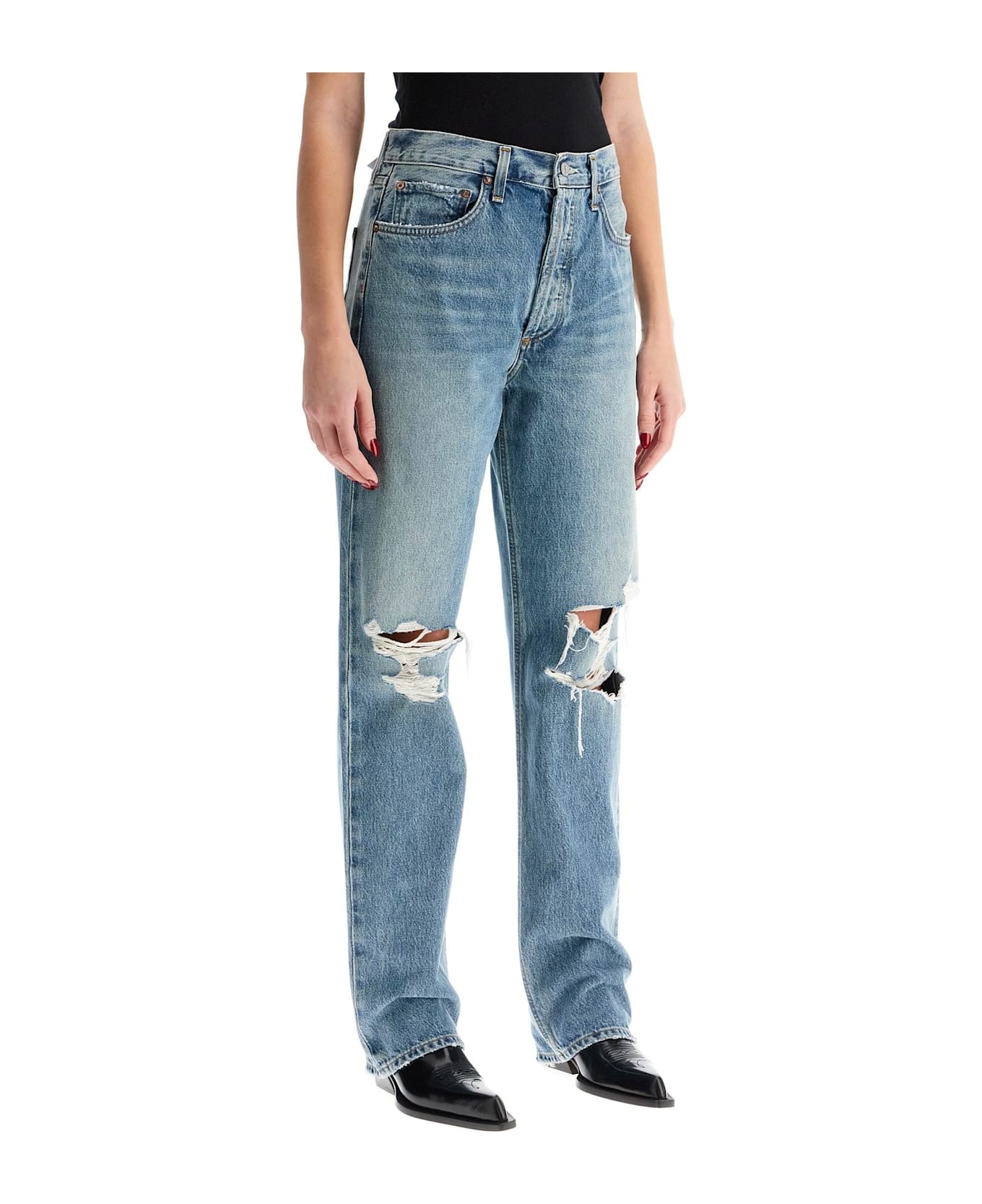 Relaxed Straight Fit Kelly Used Effect Jeans - 2