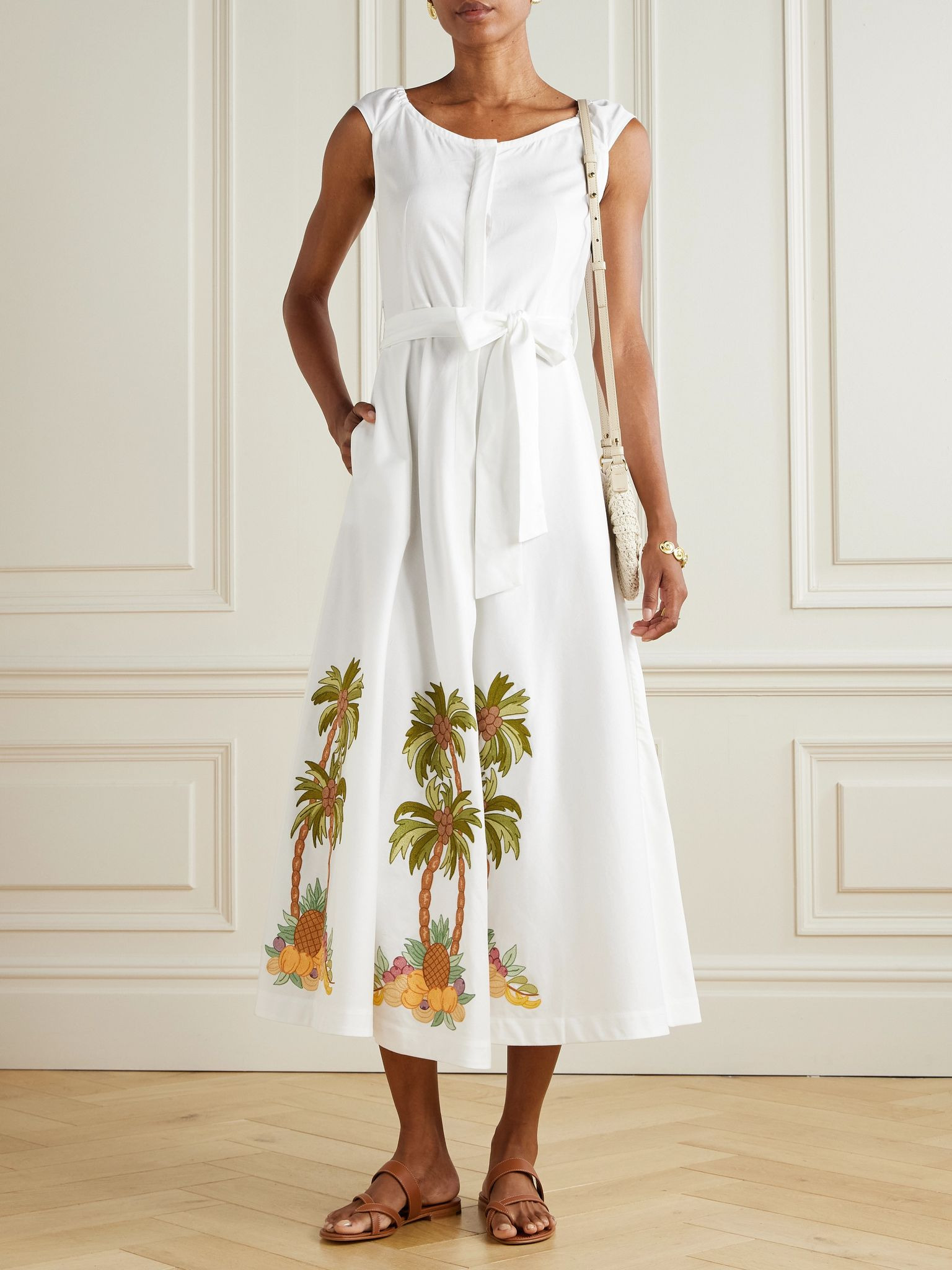 Marzia belted embroidered cotton-twill maxi dress White - 2