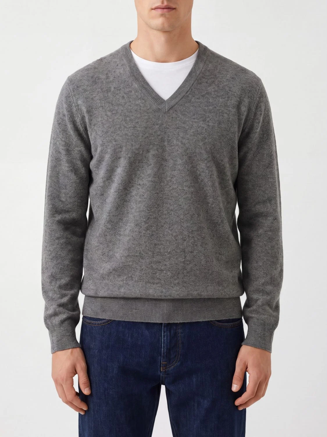 BRUNELLO CUCINELLI Pure Cashmere V-Neck Jumper with Ribbed Trims - 1