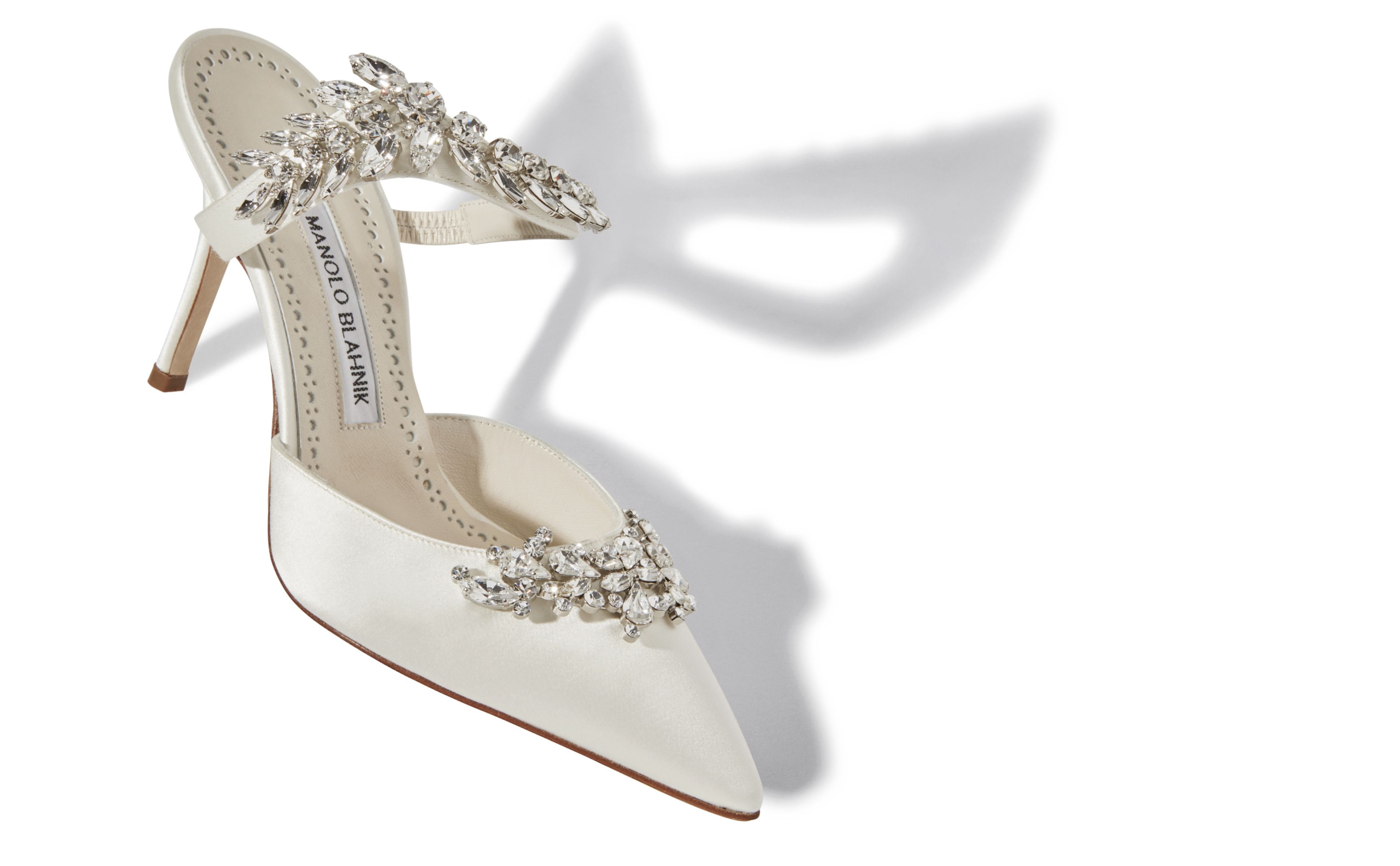 White Satin Crystal Embellished Mules - 2