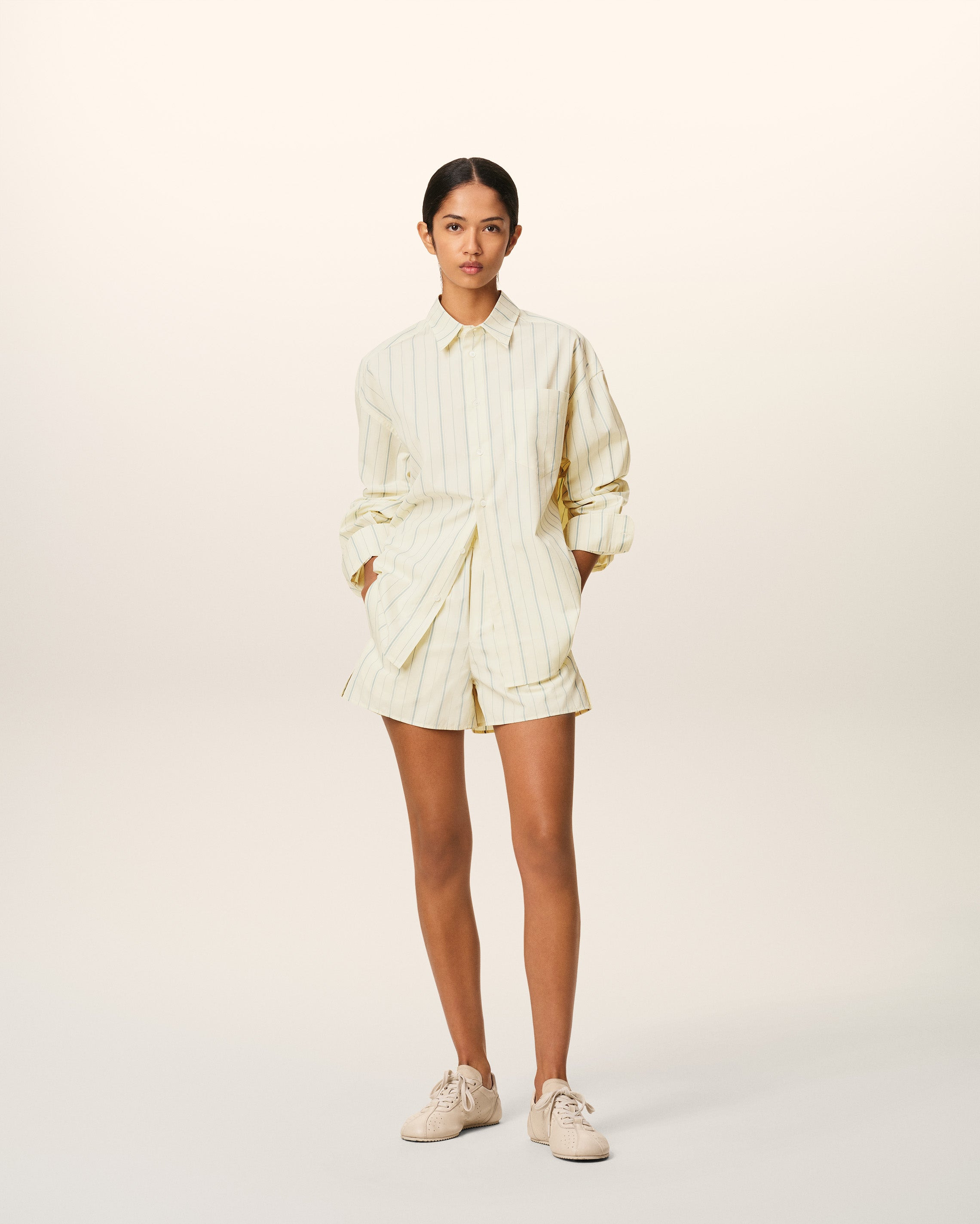 BEIGE COTTON STRIPED SHORT - 6