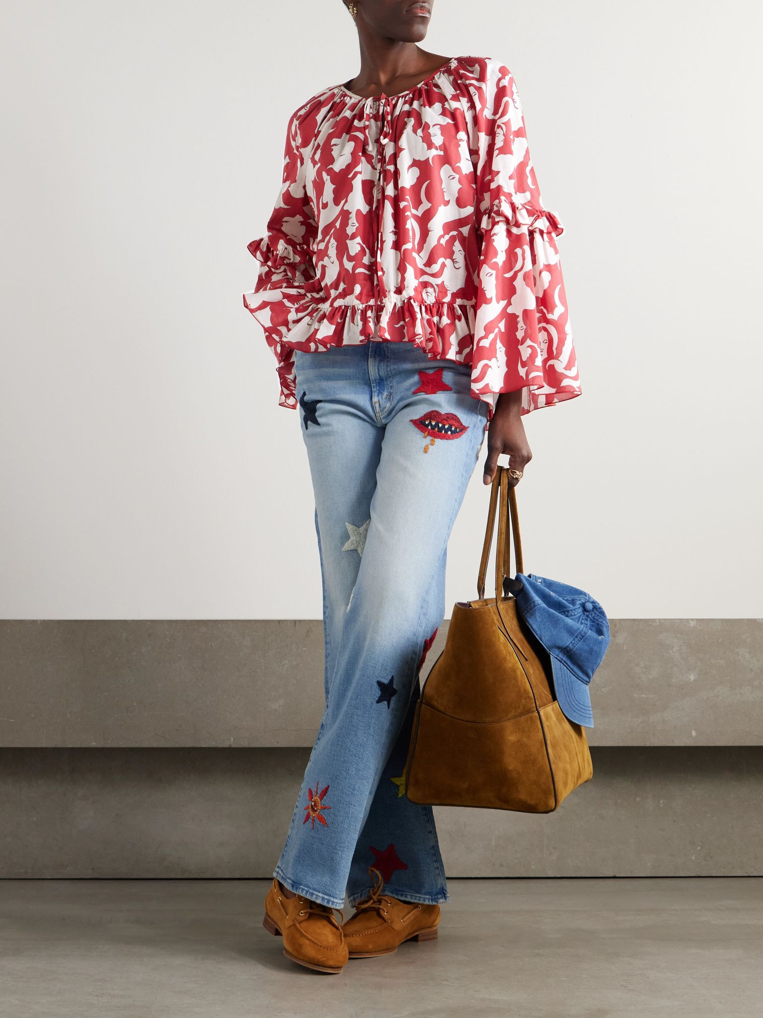+ MOTHER ruffled printed cotton top Red - 2