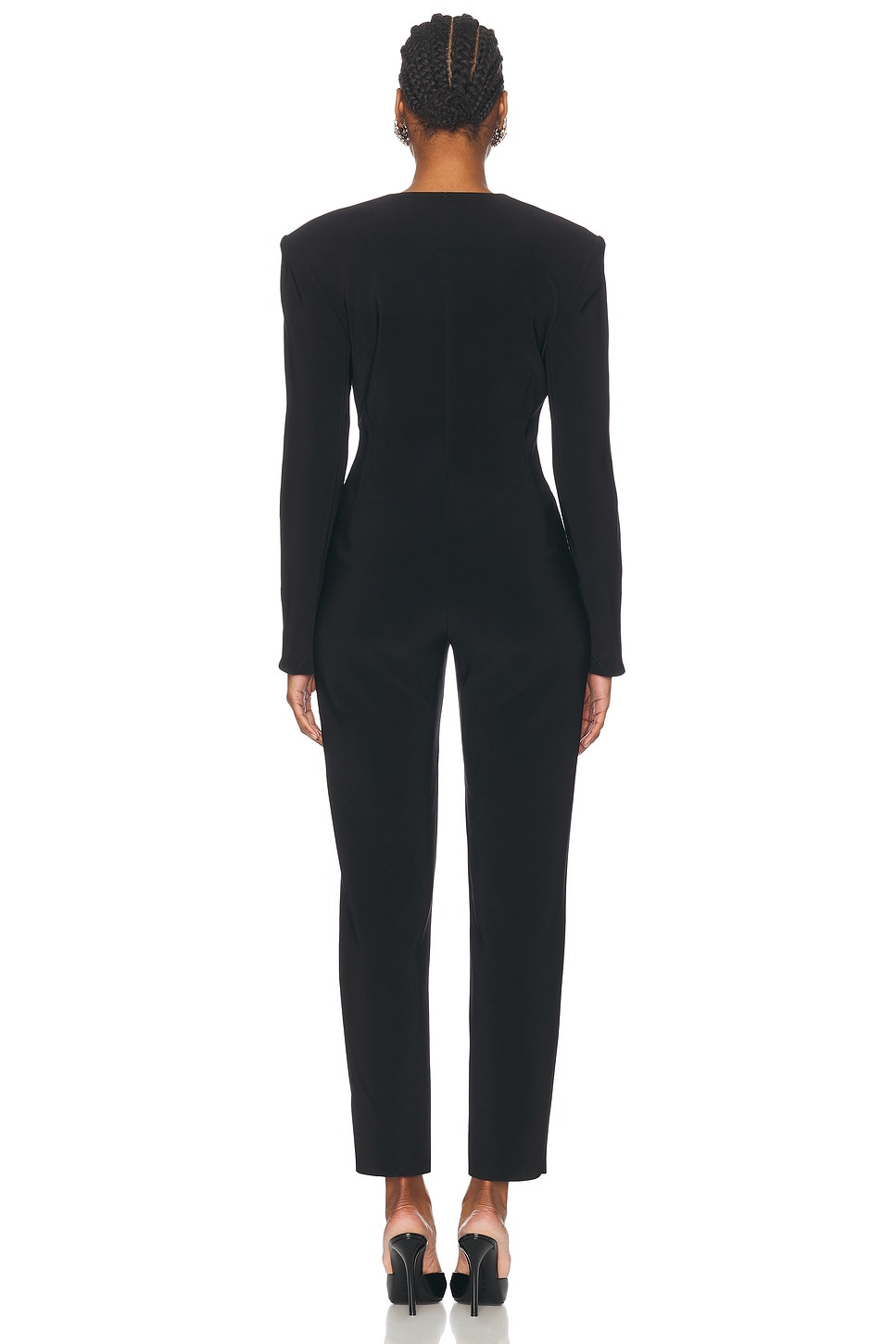 Long Sleeve Shoulder Pad V Neck Zip Front Tapered Leg Jumpsuit - 3