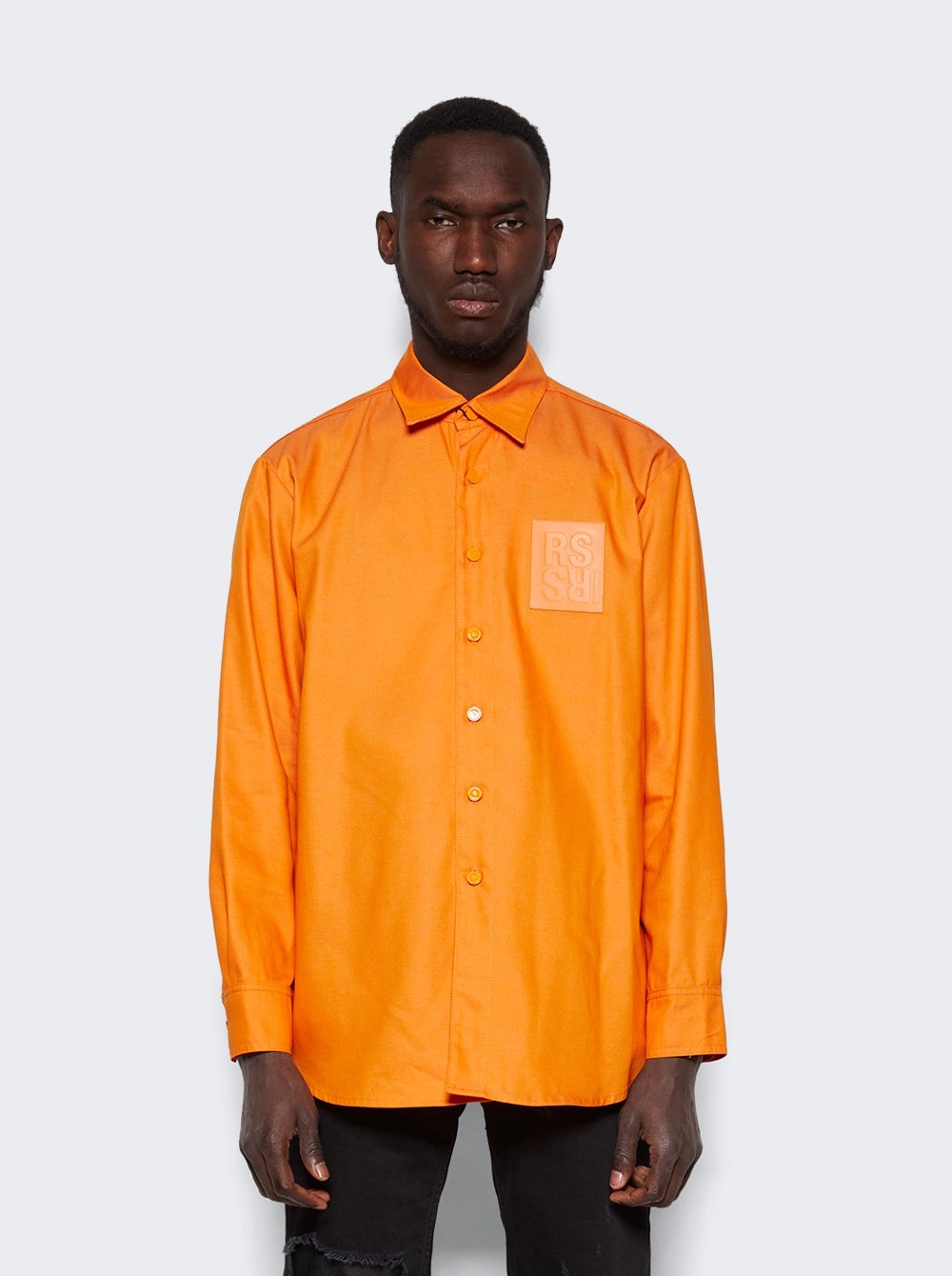 Leather Patch Slim Fit Denim Shirt Orange - 3