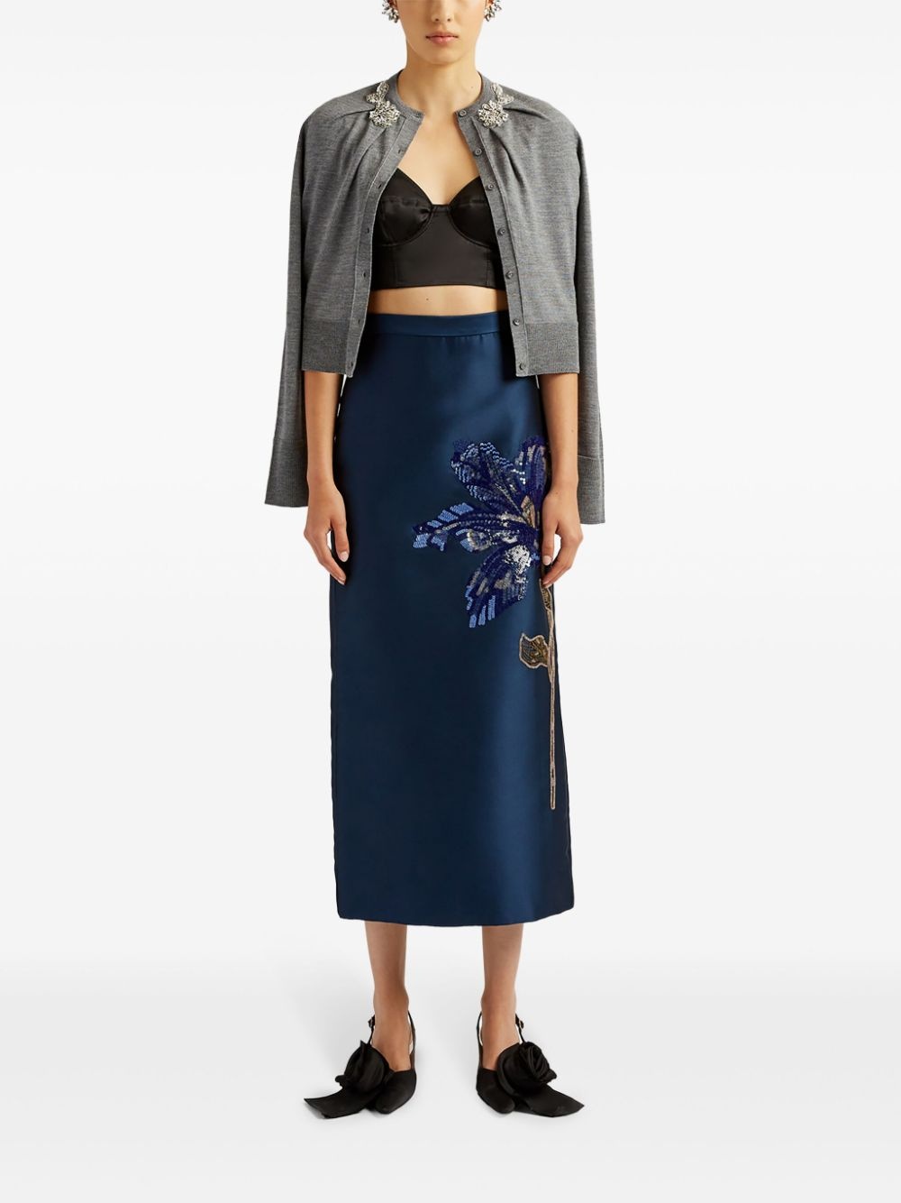 floral-appliqué silk pencil skirt - 3