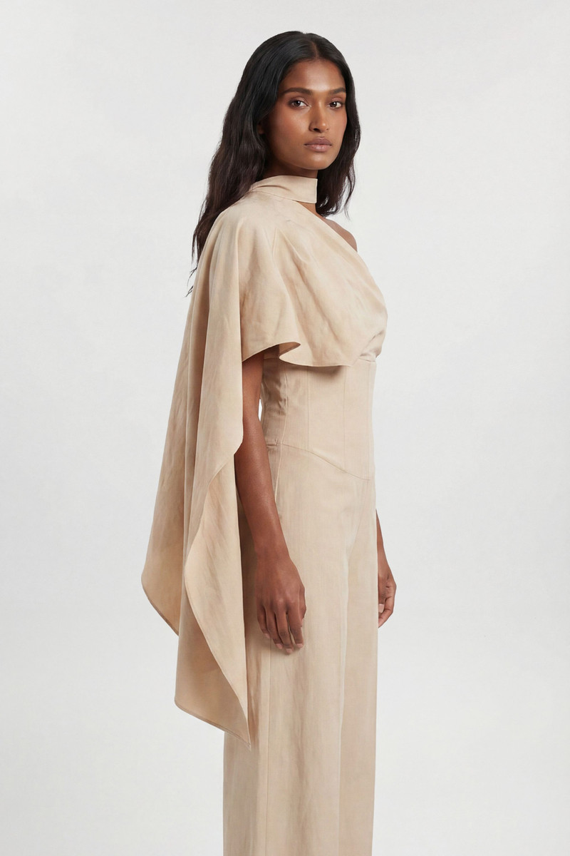 KAREN MILLEN Premium Tailored Linen High Neck One Shoulder Wide Leg Jumpsuit outlook