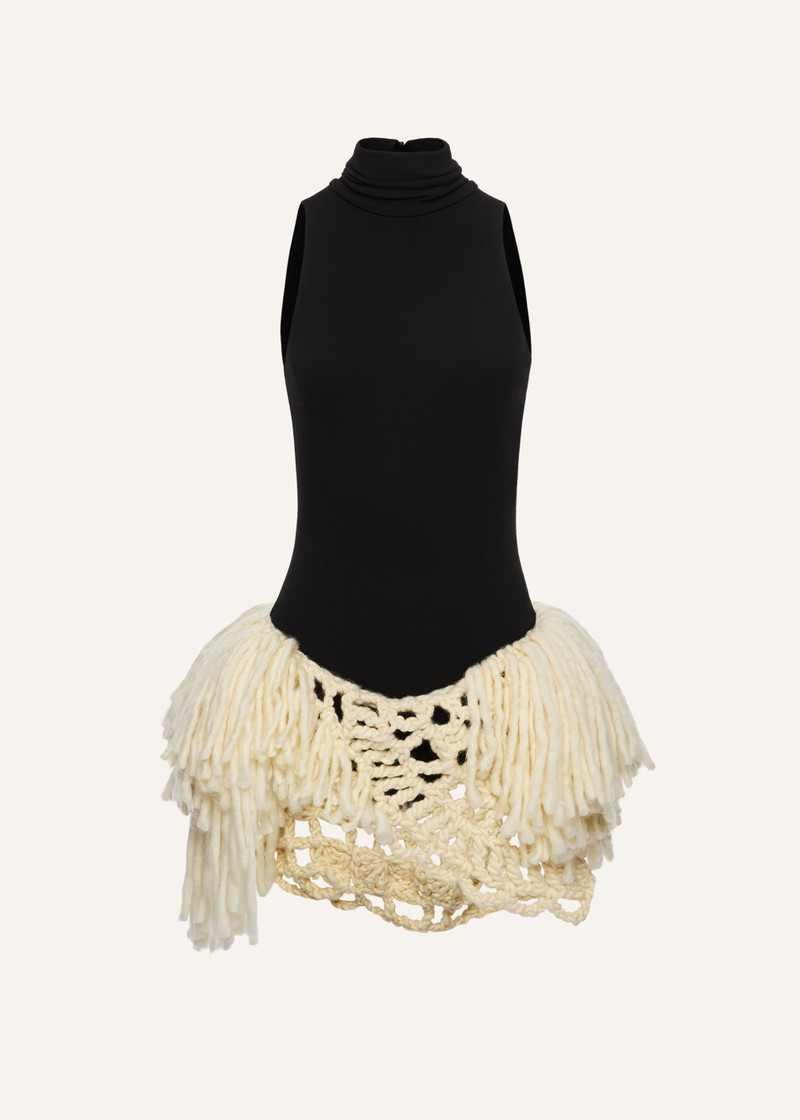 Hand-crocheted fringe dress in black and cream 1