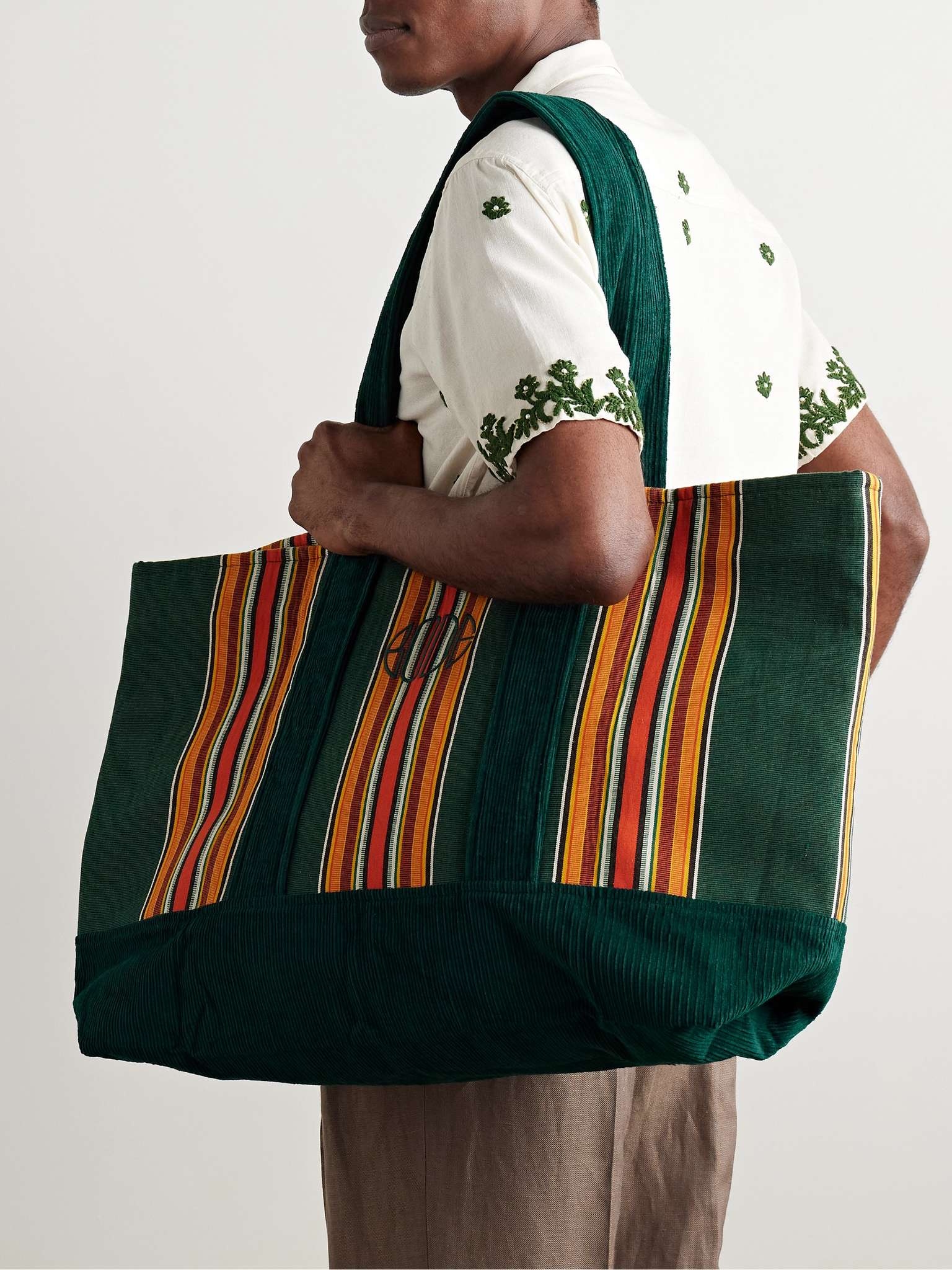 Parakeet Logo-Embroidered Striped Canvas and Corduroy Tote Bag - 2