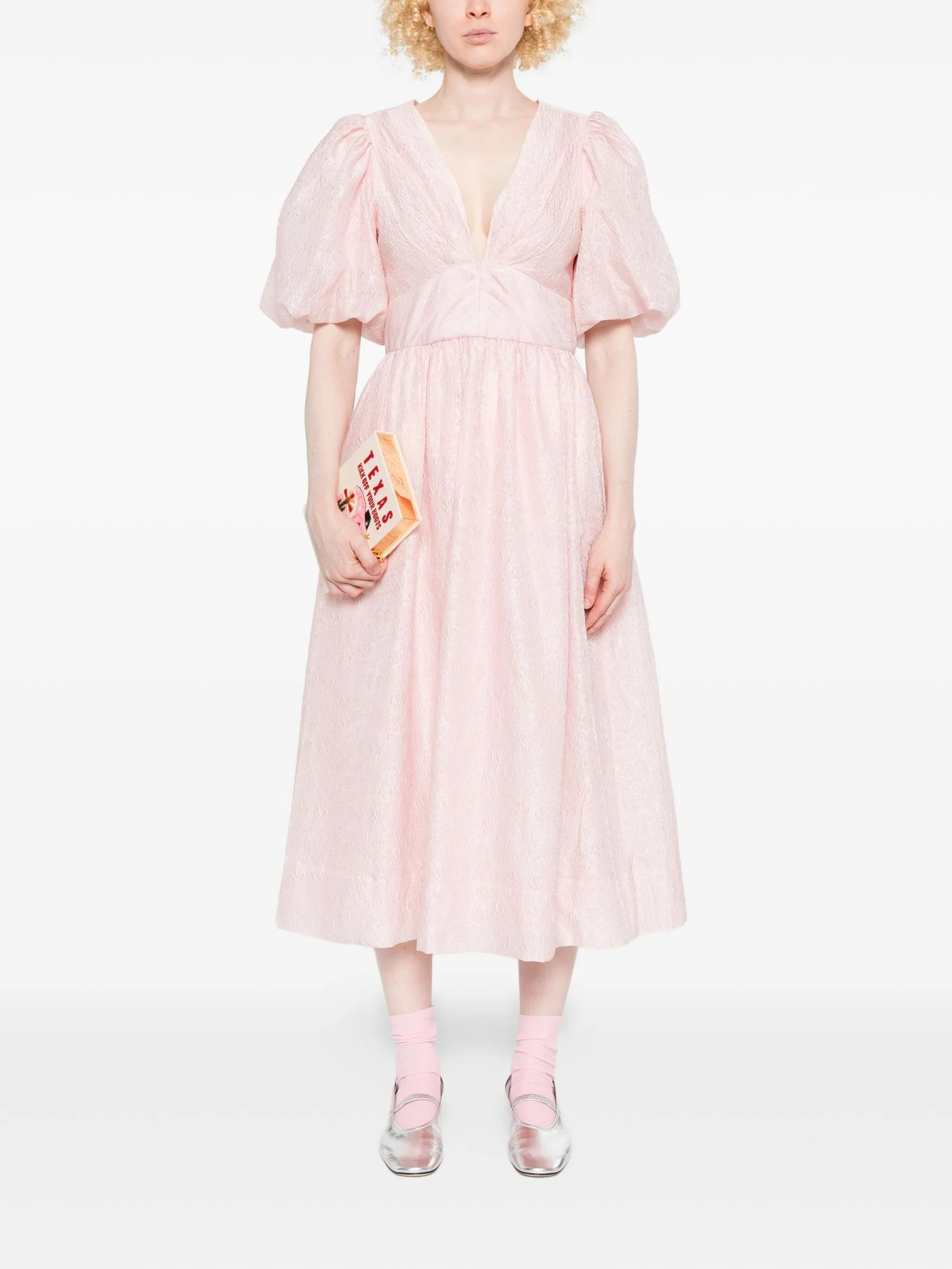 Sea Puff-sleeve V-neck Midi Dress - 5