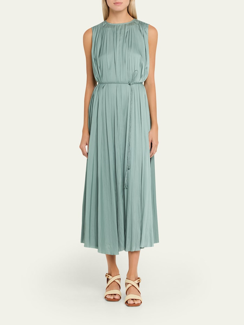 ULLA JOHNSON Fianna Belted Pleated Satin Midi Dress outlook