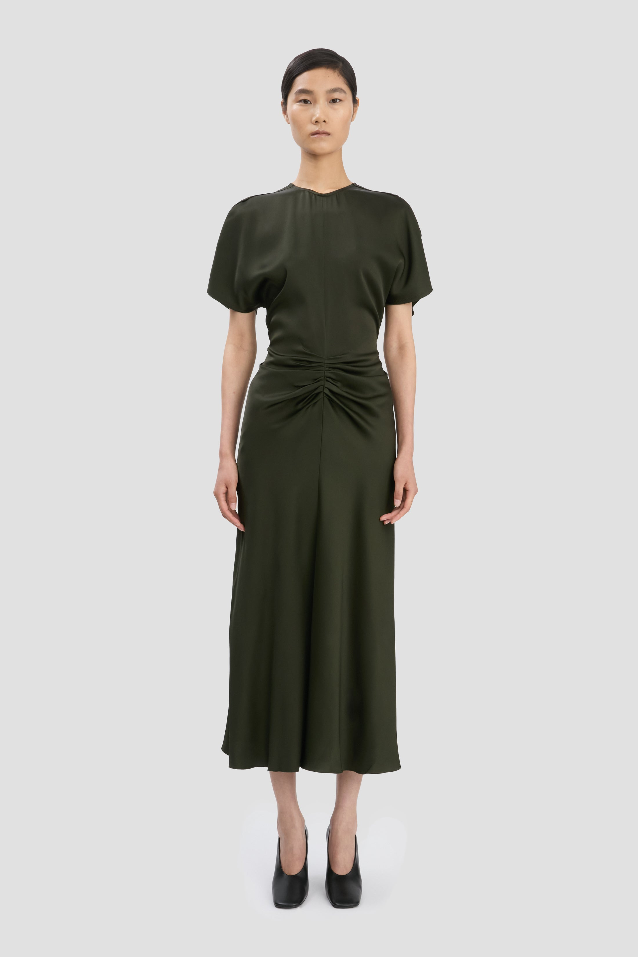 Gathered Waist Midi Dress In Dark Olive - 2