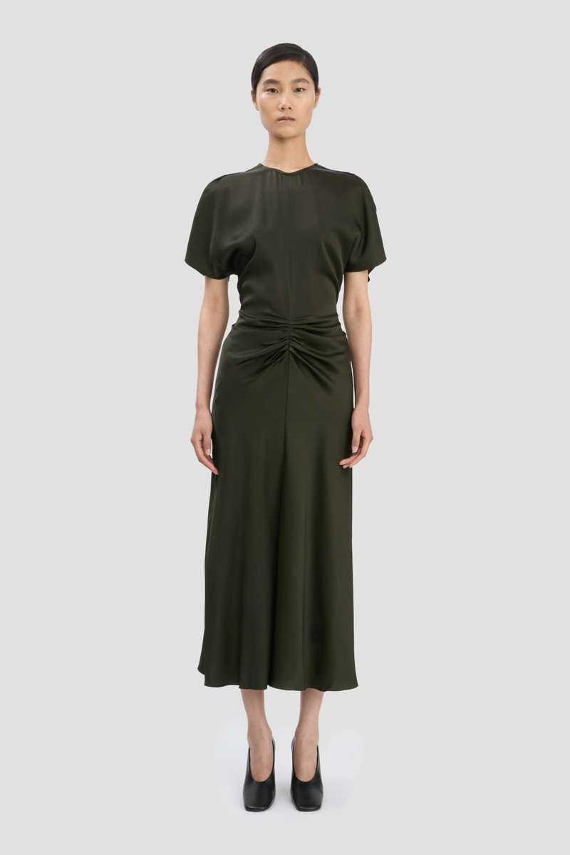 Victoria Beckham Gathered Waist Midi Dress In Dark Olive outlook