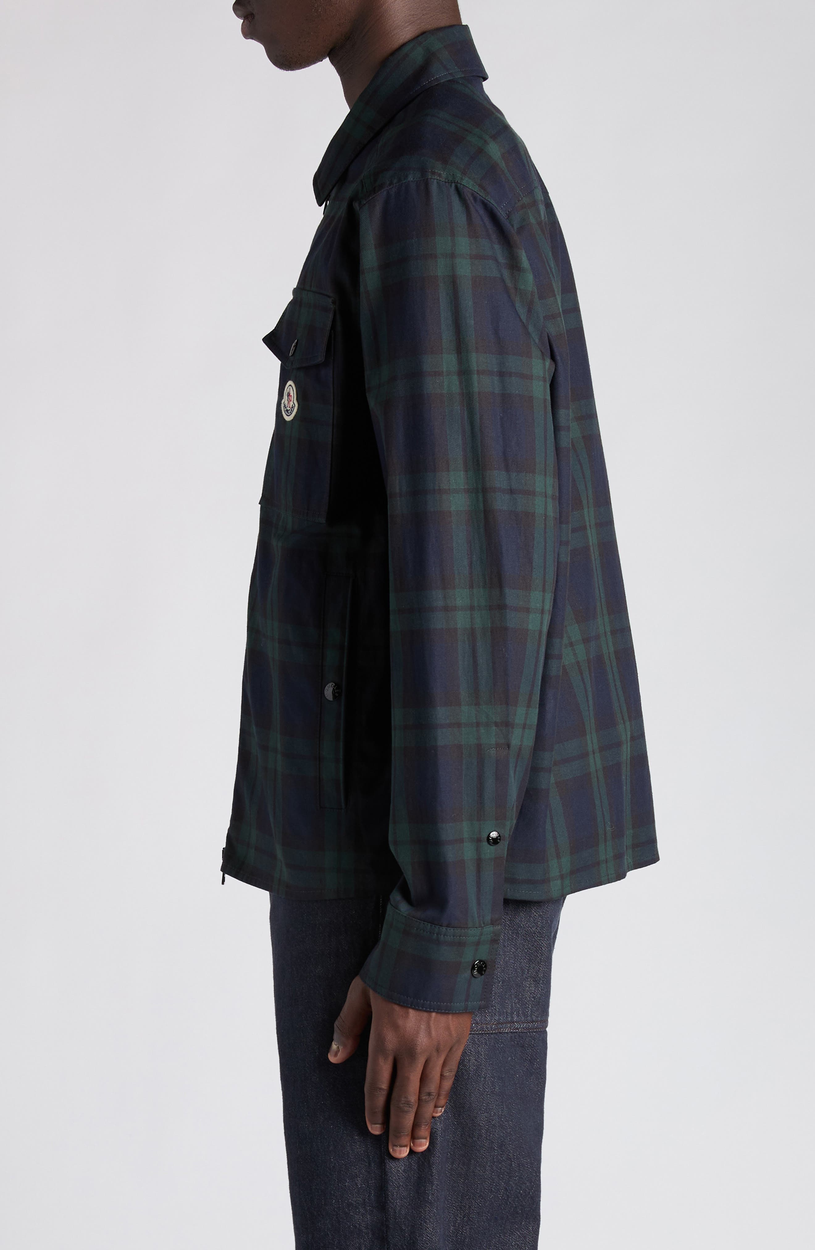 Moncler Camicia Plaid Cotton Zip Shirt Jacket in Black Watch at Nordstrom - 4