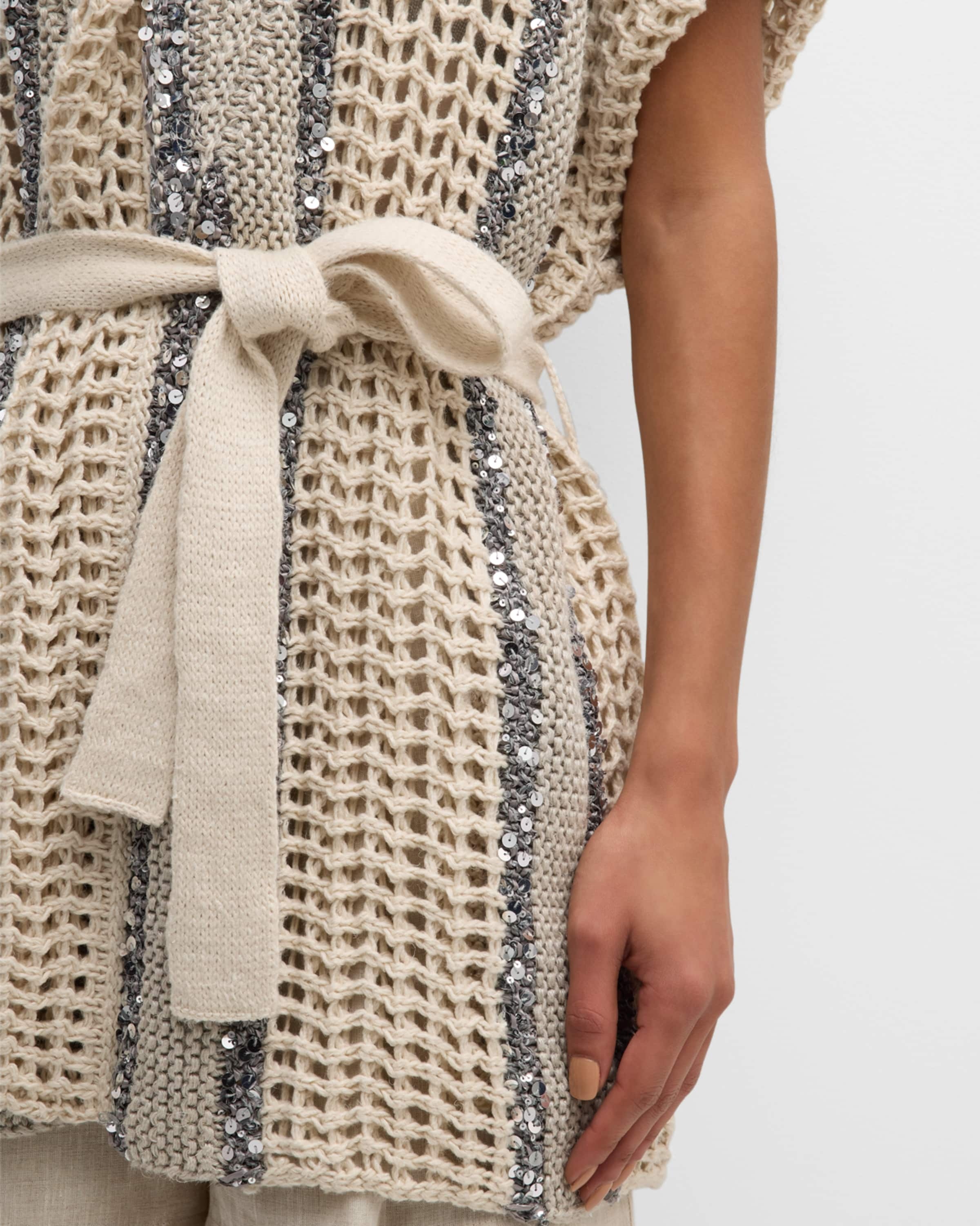 Open-Knit Long Net Cardigan with Paillette Detail - 6