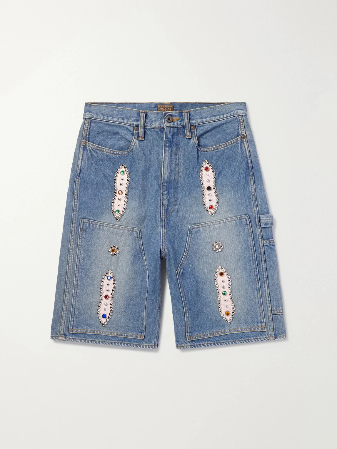 Straight-Leg Leather-Trimmed Embellished Denim Shorts - 1