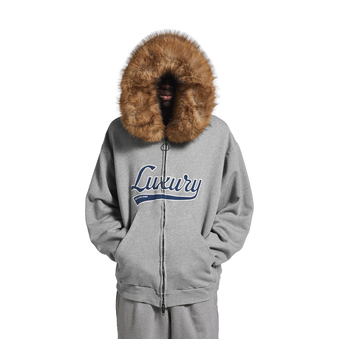 Men's Luxury Script Oversized Zip-up Hoodie in Dark Heather Grey - 5