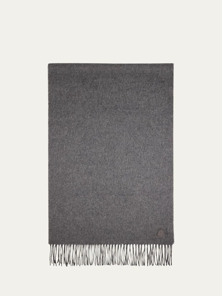 Men's Fringed Cashmere Scarf with Leather Logo - 1
