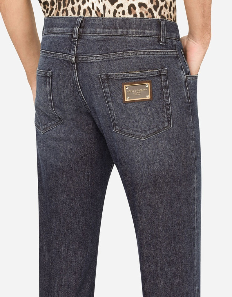 Blue wash slim-fit stretch jeans with leopard print 5