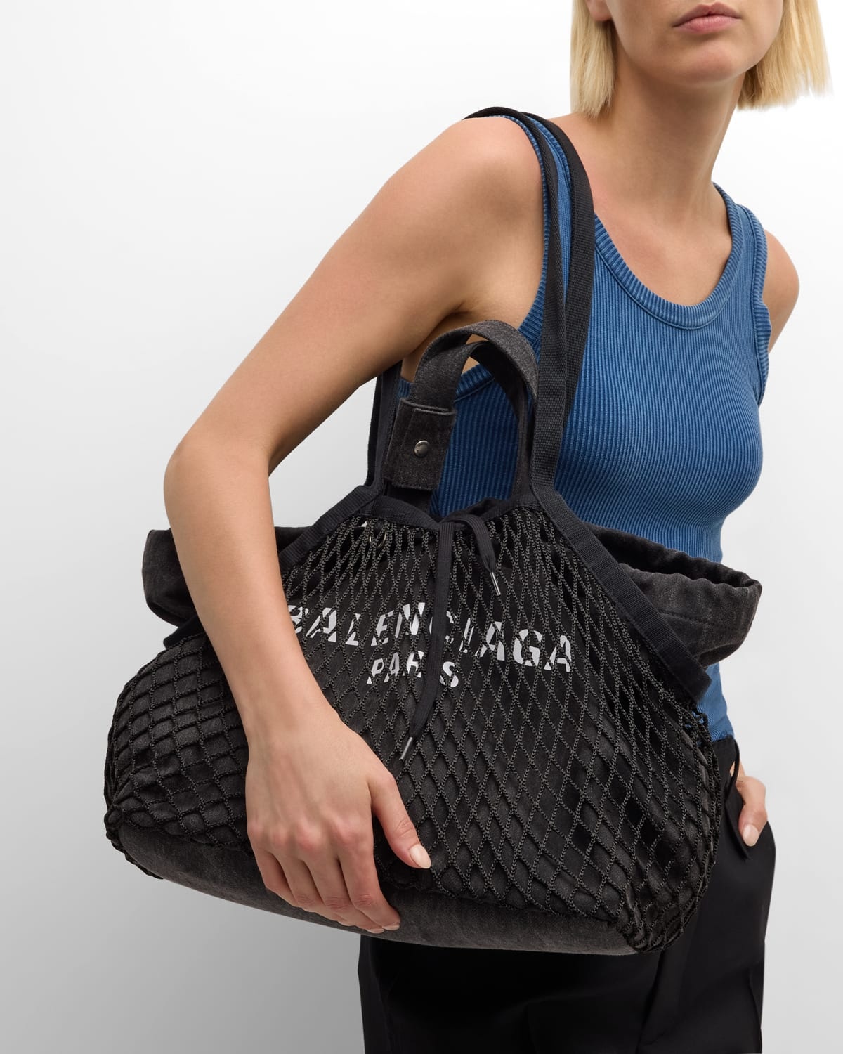 【Balenciaga】SALE!! 24/7 WASHED CANVAS/FISHNET TOTE BAG Balenciaga 24/7 Medium Washed Canvas and Fishnet Tote Bag