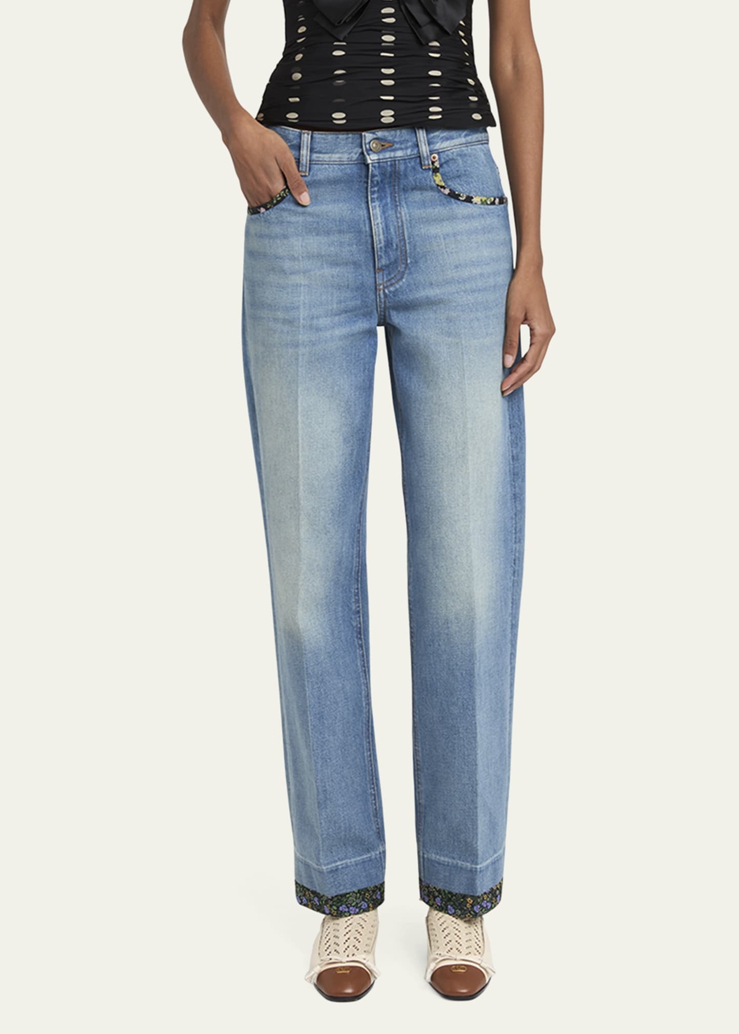 Floral-Print Trim Straight-Leg Denim Jeans - 4
