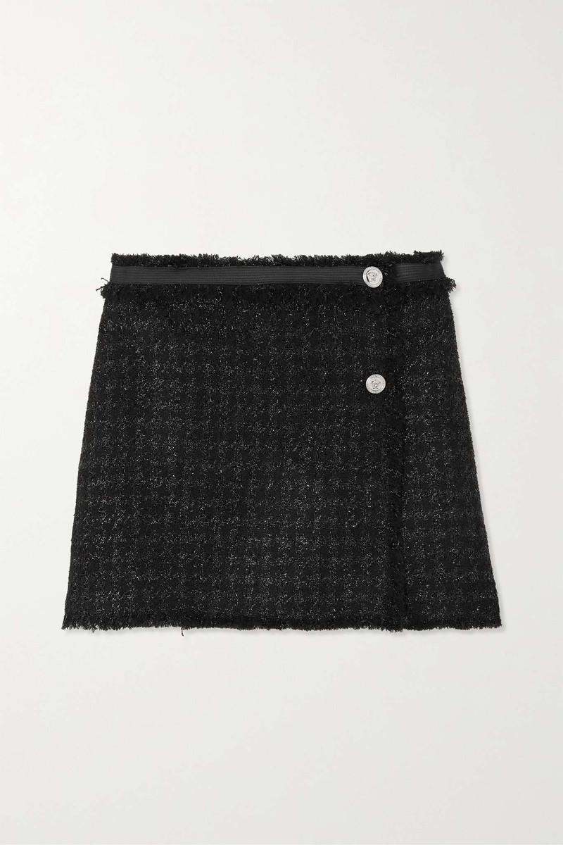 Frayed metallic wool-blend tweed mini wrap skirt - 1