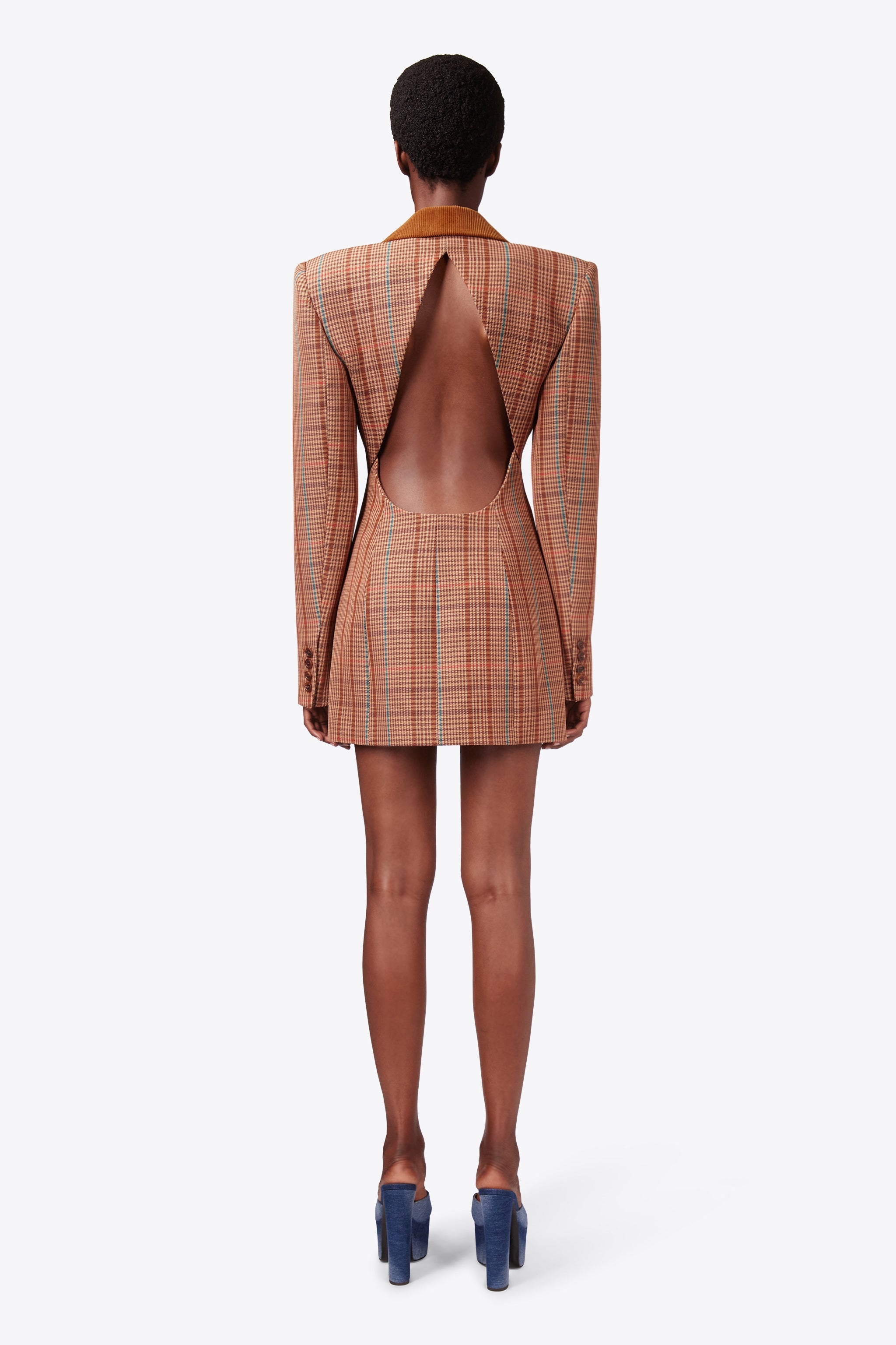 CRYSTAL BUTTON CHECKED OPEN BACK BLAZER DRESS - 5