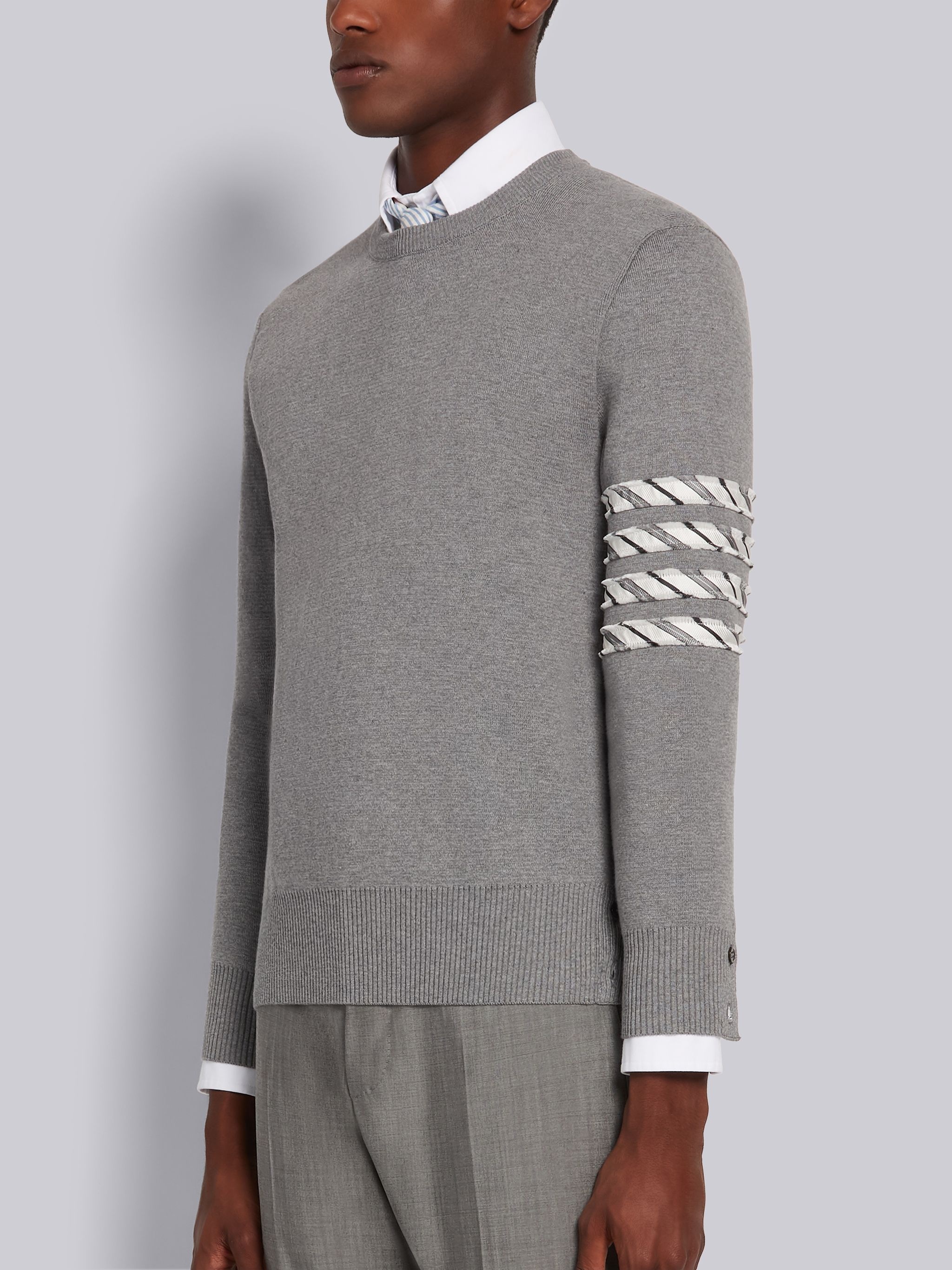 Grey Cotton Milano Stitch Silk 4-Bar Crewneck Pullover - 2