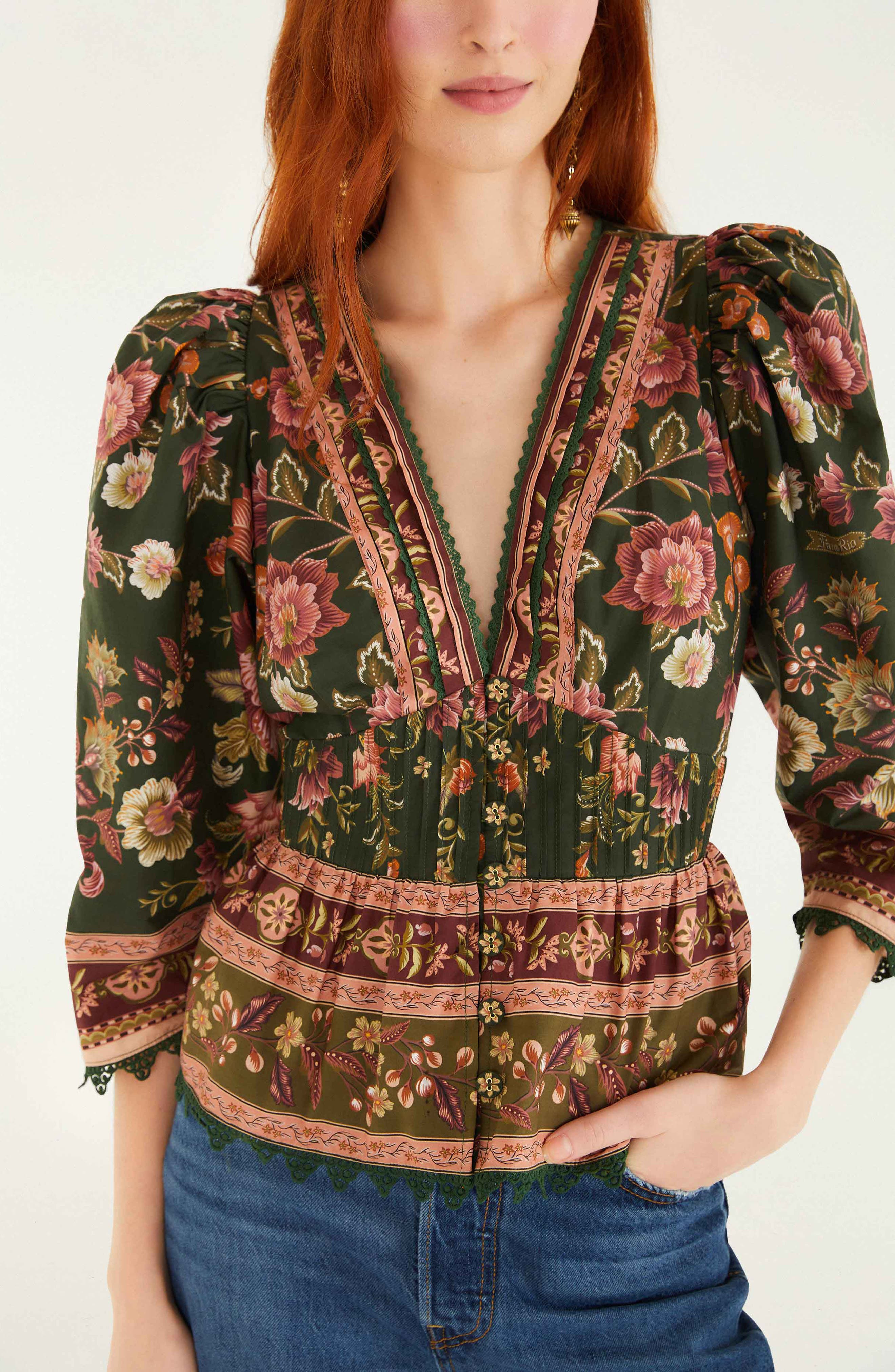 FARM Rio Flowering Garden Tree Linen Blend Top in Green at Nordstrom - 3