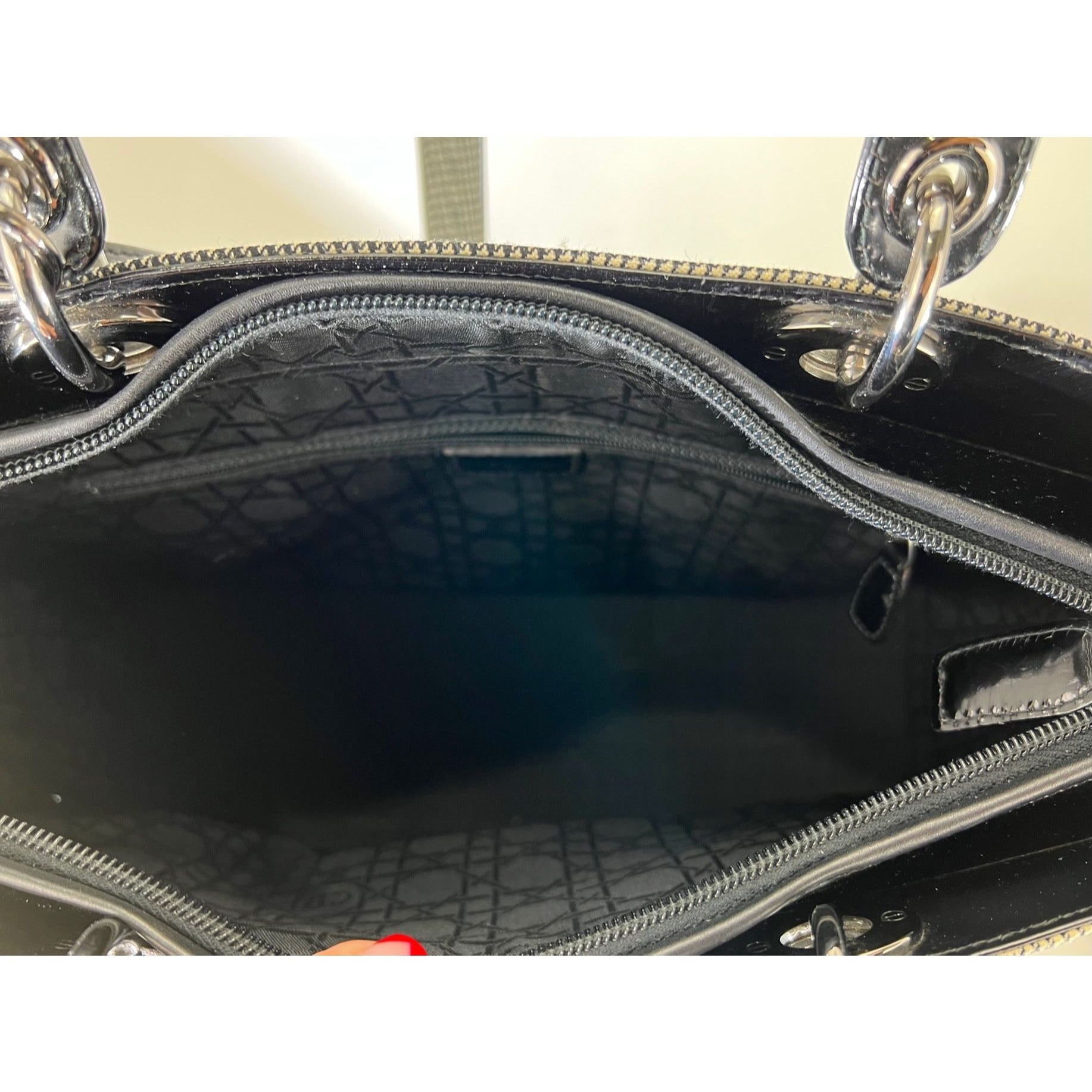 Christian Dior Large Lady Black Patent Leather Canvas Hand Bag - 10