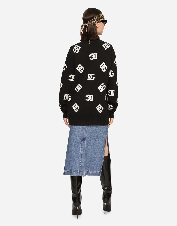 Denim calf-length skirt with logo tag - 3