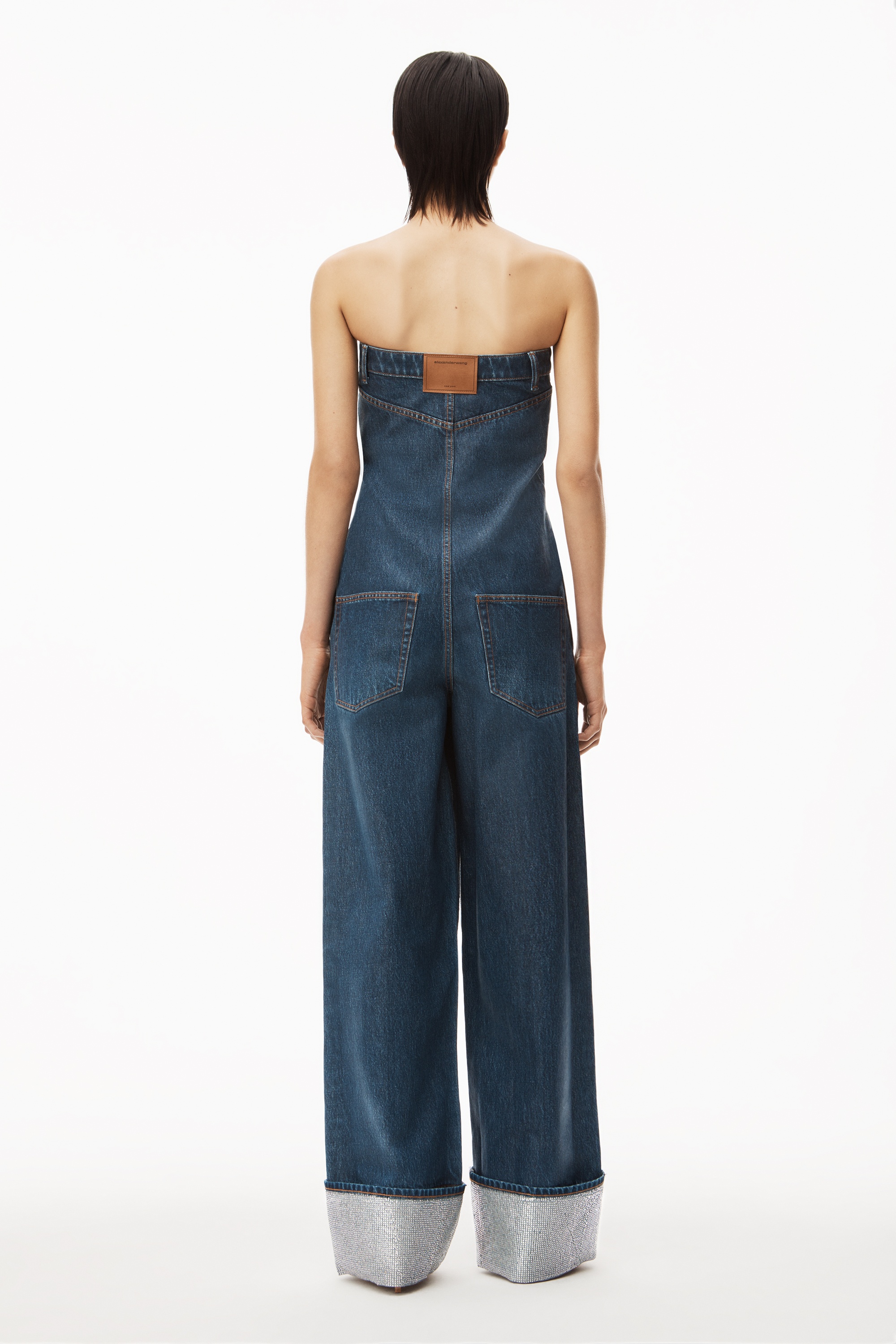 CRYSTAL CUFF JUMPSUIT IN COATED DENIM - 4
