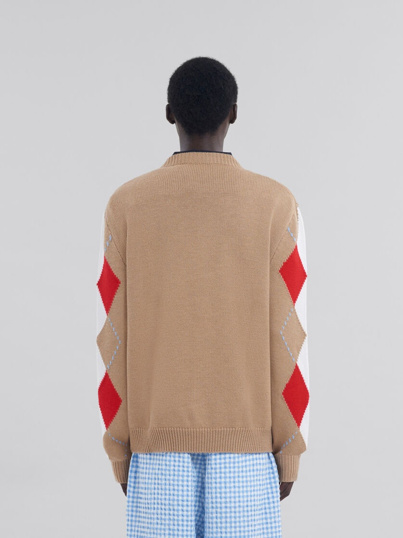 BEIGE CREW NECK WOOL JUMPER WITH ARGYLE MOTIF 3