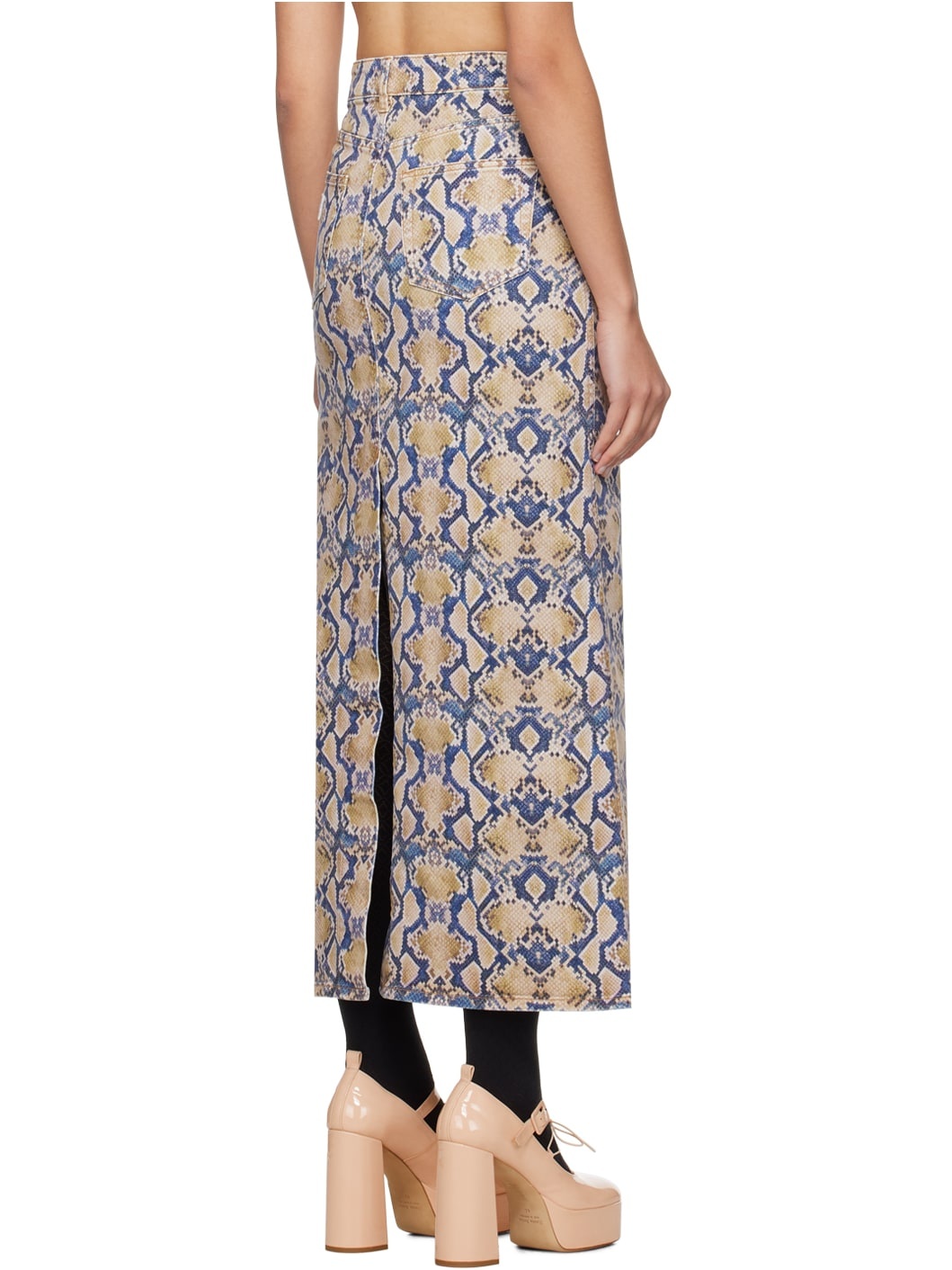 Blue & Yellow Snake Printed Denim Maxi Skirt - 3