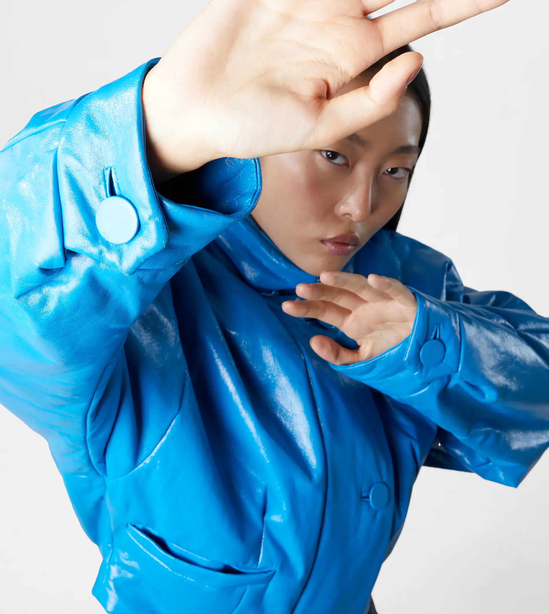 CROPPED PADDED LEATHER JACKET - BLUE - 5